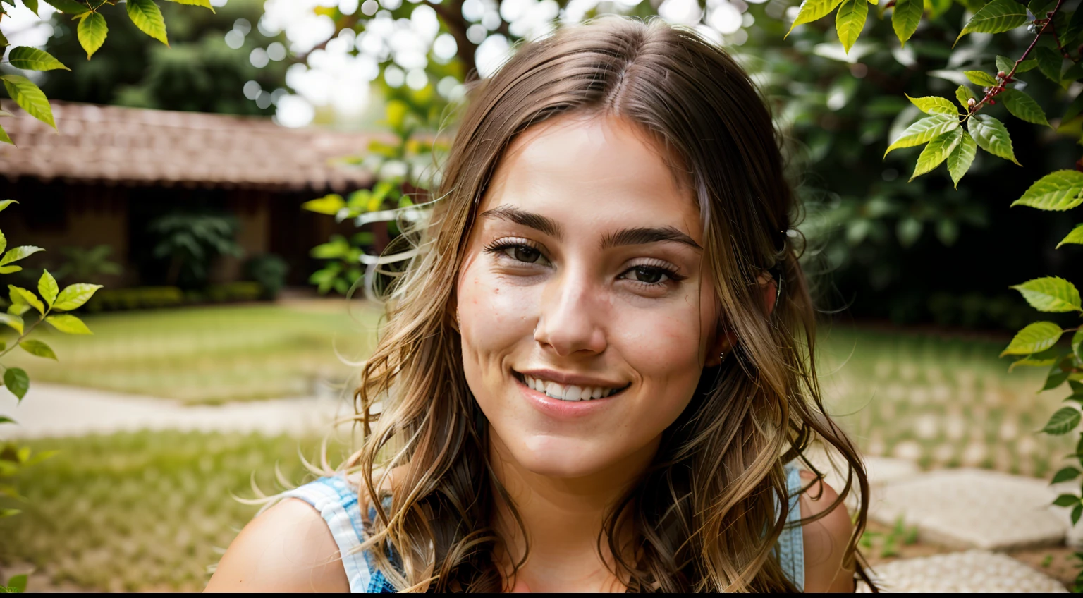 lmf01mv1, RAW photo, a photo of woman, (insane skin detail), (photorealistic skin:1.2), hdr, (insane details, hyper realism:1.2), soft lighting, (rim lighting:1.3), color grading, focused, (high skin detail:1.2), color correction, masterpiece, best quality, 8k, canon 5d, f/1.8, iso 6400,wide-angle, HDR, bloom, Chromatic Aberration, Photorealistic, extremely detailed, trending on artstation, trending on CGsociety, Intricate, High Detail, dramatic A radiant mature woman with a genuine smile, her eyes twinkling with happiness. Her glowing complexion and flowing hair add to her natural beauty, while her joyful expression exudes pure happiness. The background showcases a beautiful outdoor scene, with sunlight gently caressing her face and a gentle breeze playing with her hair. Her smile is infectious, and it's evident that she's truly content and enjoying the moment.