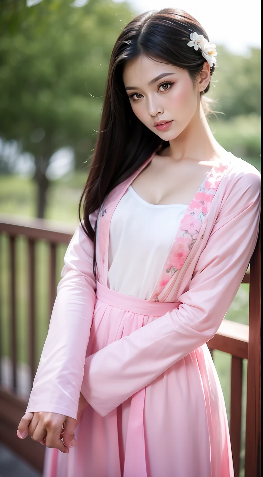 Fashion model  [[[[closeup cleavage]]]], [[[[boobgasm]]]], [[[[coll]]]], [[[[bshoulders]]]], perfect  eyes, Perfect iris，perfect lips，perfect teeth，Perfect skin，Long face，Soft front light，HDR，red attire，white apparel，Pink clothing，White or pink flowers on the background，（pastel colour：1.2）
