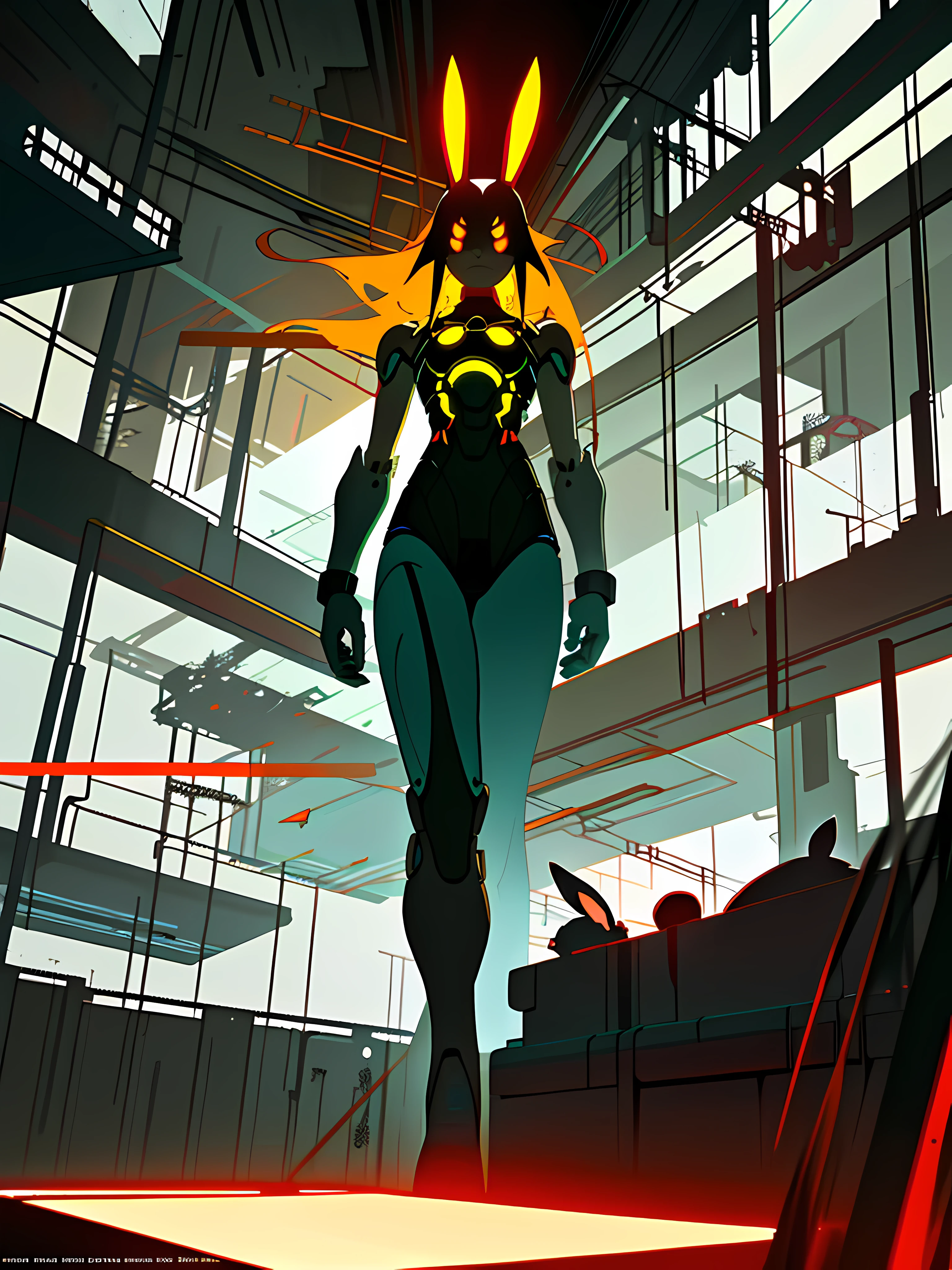 (blame! style abandoned tech landscape), (Zen, Amy Sol style), (underground, dark, foggy, perilous, abandoned dystopian apartment bedroom, deep windows), (abstract anthro rabbit figure wearing bunny ears), cover art with light abstraction, abstract, simple vector art, contemporary Cybernetic art, color gradients, soft color palettes, layered forms, whimsical animation, style Ethereal abstract, 4K, --v6