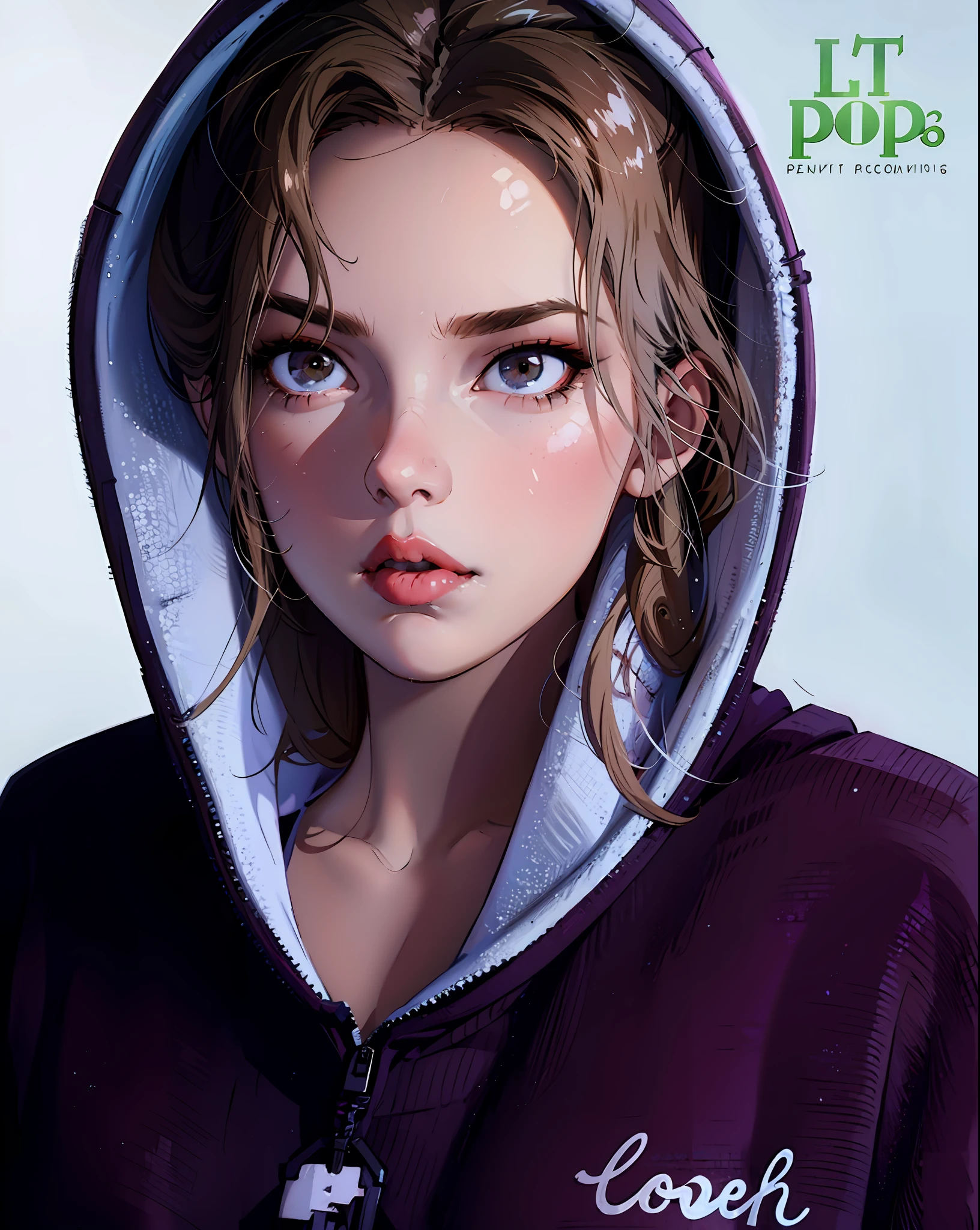 woman in a hoodie with a hoodie on, pop, pods, pop colors, girl wearing hoodie, in a hoodie, profile pose, portrait image, portrait shot, pouty lips, brown eyes