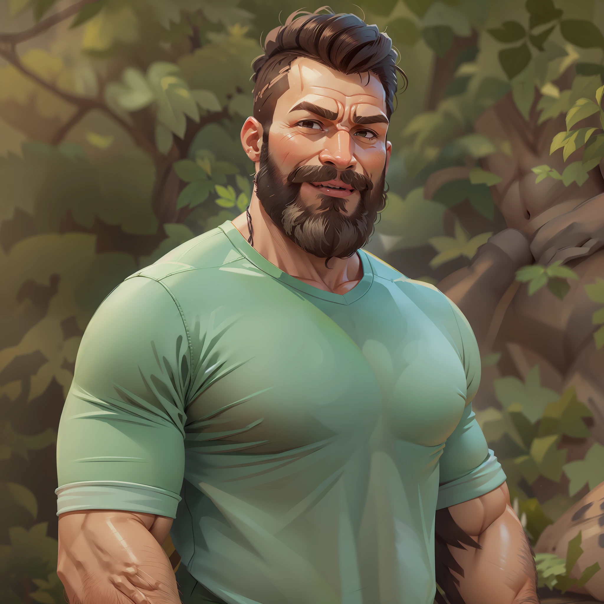 imagem realista , homem brasileiro, muito bonito, pele marrom clara, 40 anos , corpo musculoso, peito grande e peludo , cabelo muito curto , barba por fazer