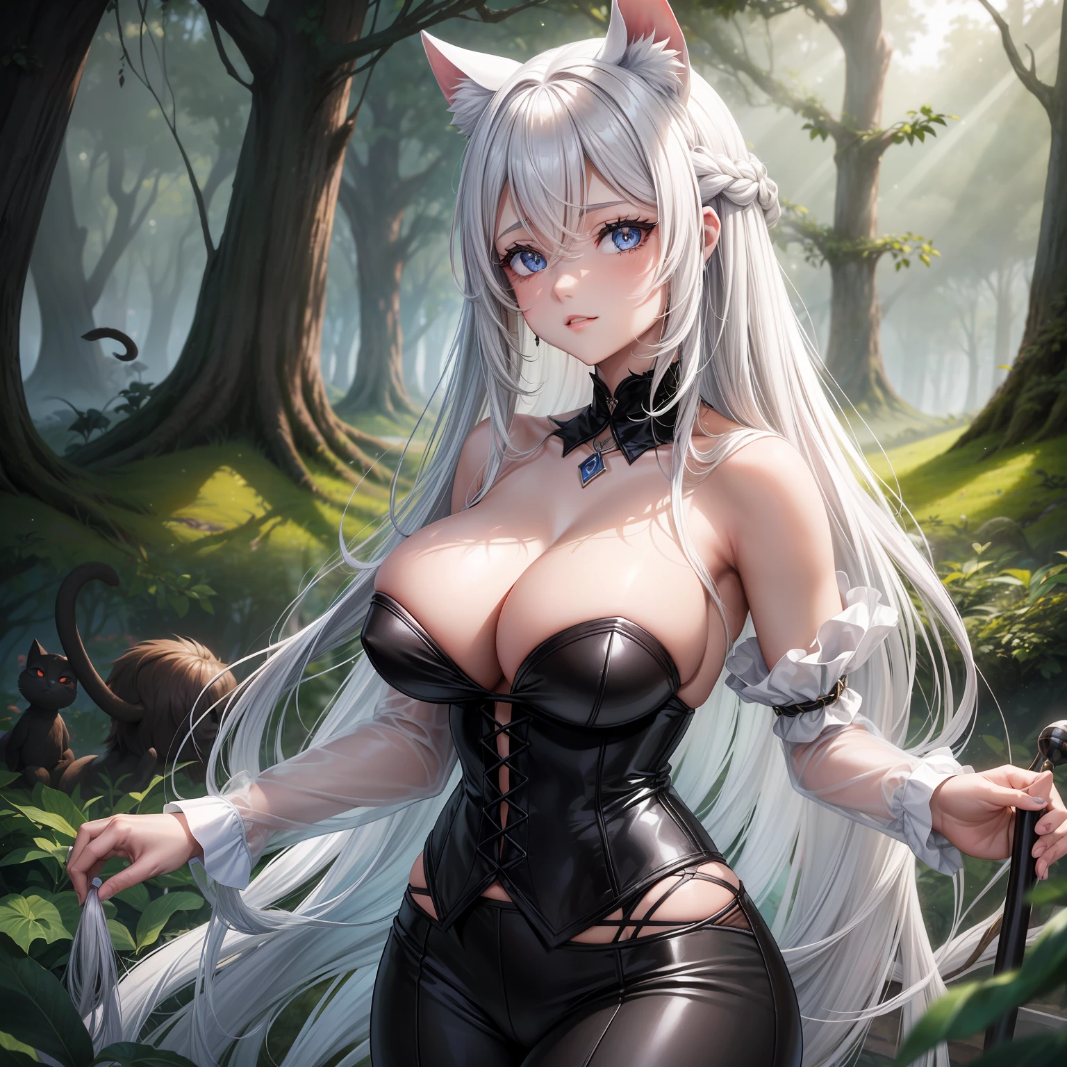 Mature Milf woman with bulky and seductive body in a sunlit forest passing through the trees, rosto maduro e adulto com olhos frios, arvores enormes, destaque nos seios, roupa branca e cinzenta com detalhes dourados transparente, (Nude:1.2), corset branco transparente, pele molhada, cabelo molhado, orelhas de gato, Braided white rapunzel hair, olhos cinzentos, ((olhos cinzentos)), (olhos cinza), Seios gigantescos, peituda, , Forest with shrubby trees, folhas caindo, vendaval(obra-prima: 1.2, melhor qualidade), (belos olhos finamente detalhados: 1.2),olho cinzento e vermelho ((Heterocromia)), (fundo detalhado, fantasia escura), (rosto bonito e detalhado), Alto contraste, (best ilumination, extremamente delicado e bonito), ((cinematiclight )), Colouring, hiperdetalhe, dramatic light, detalhes intrincados, (1 garota, sozinho, Rapunzel's white hair with cat ears and demon horns, olhos brancos e cinzentos, cabelo entre os olhos, dinamic angle), (cabelo de rapunzel branco extremamente longo), corpo volumoso com seios e busto enormes, (respingos de sangue: 1.4), luz negra rodopiante ao redor do personagem, profundidade de campo, frio, Calculating the expression ;