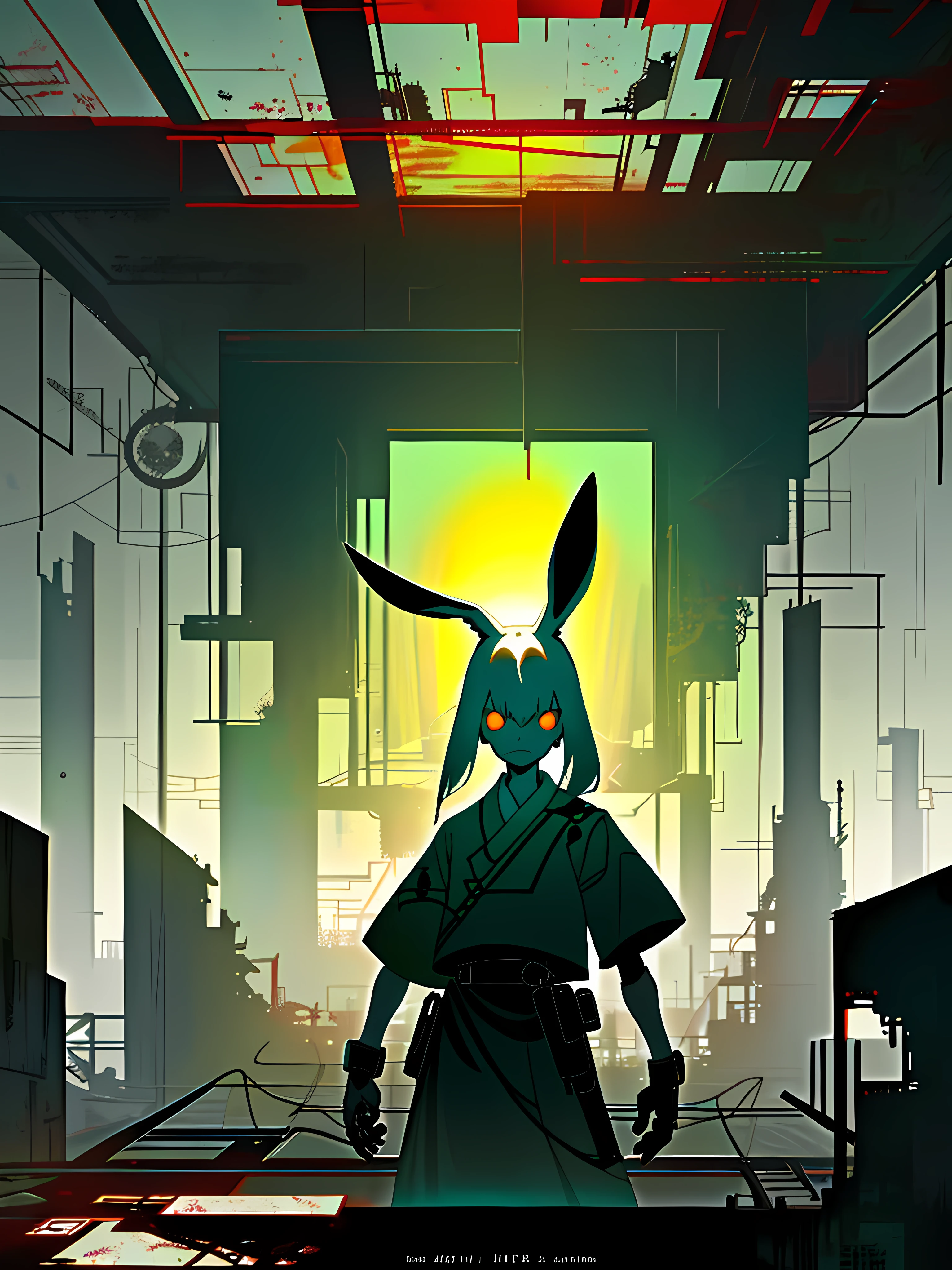 (blame! style abandoned tech landscape), (Zen, Amy Sol style), (underground, dark, foggy, perilous, abandoned dystopian apartment bedroom, deep windows), (abstract anthro rabbit figure wearing bunny ears), cover art with light abstraction, abstract, simple vector art, contemporary Cybernetic art, color gradients, soft color palettes, layered forms, whimsical animation, style Ethereal abstract, 4K, --v6