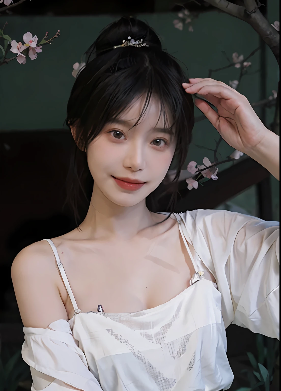 best qualtiy, 超高分辨率, (realisticlying:1.4), one-girl, A pair of clear and moving peach blossom eyes,Royal Sister,(full bodyesbian:1.2)a sense of atmosphere,a beauty girl,Small sling, ssmile,(brassier:1.2)(huge tit:1.2), looking at viewert, closeup cleavage ,Peach Blossom Forest,