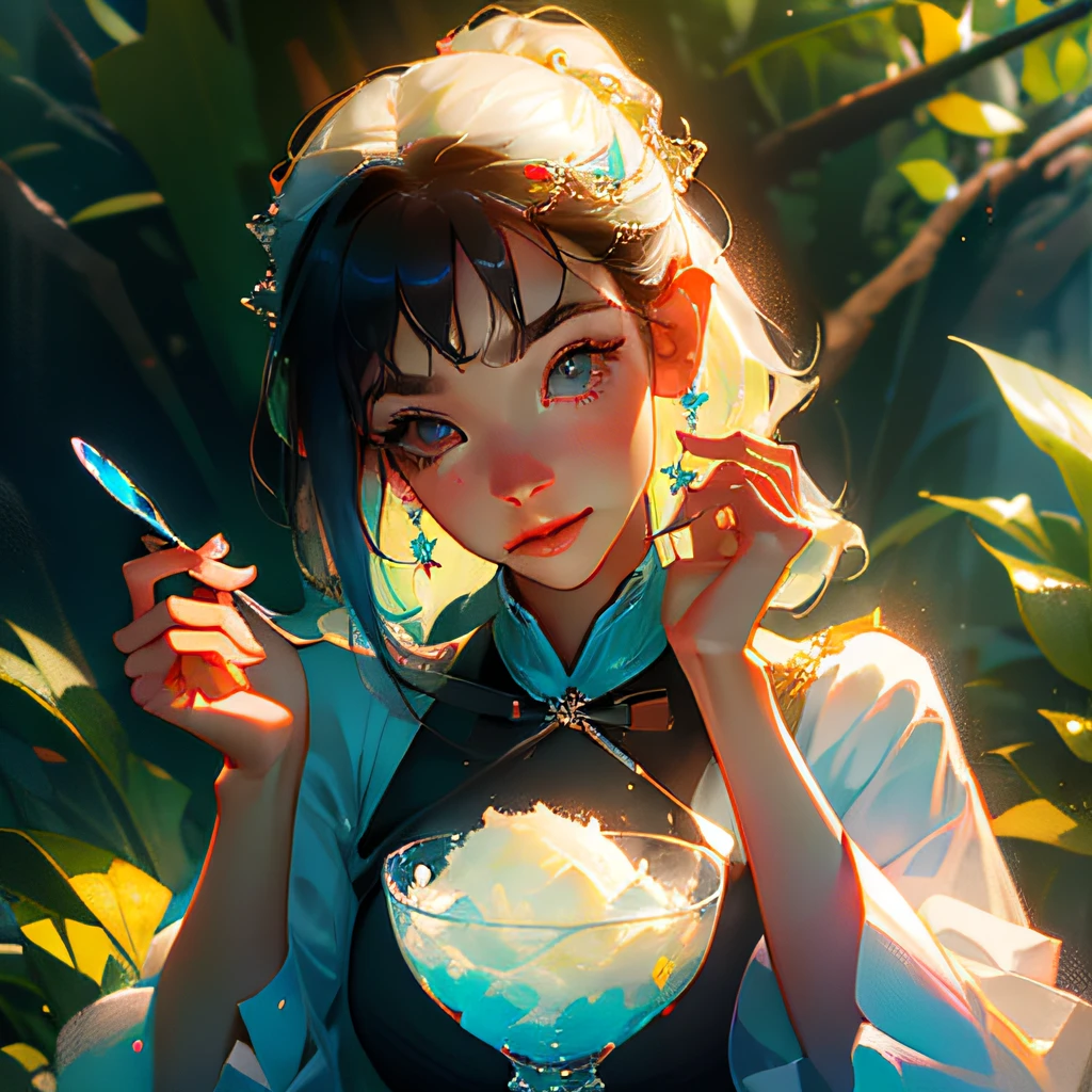 (foco nítido、Eye focus、masterpiece、top-quality、realistic detail、crisp image、realisitic、hight resolution)、Smiling beautiful woman eating shaved ice、22year old、Holding a spoon、 eyes gentle