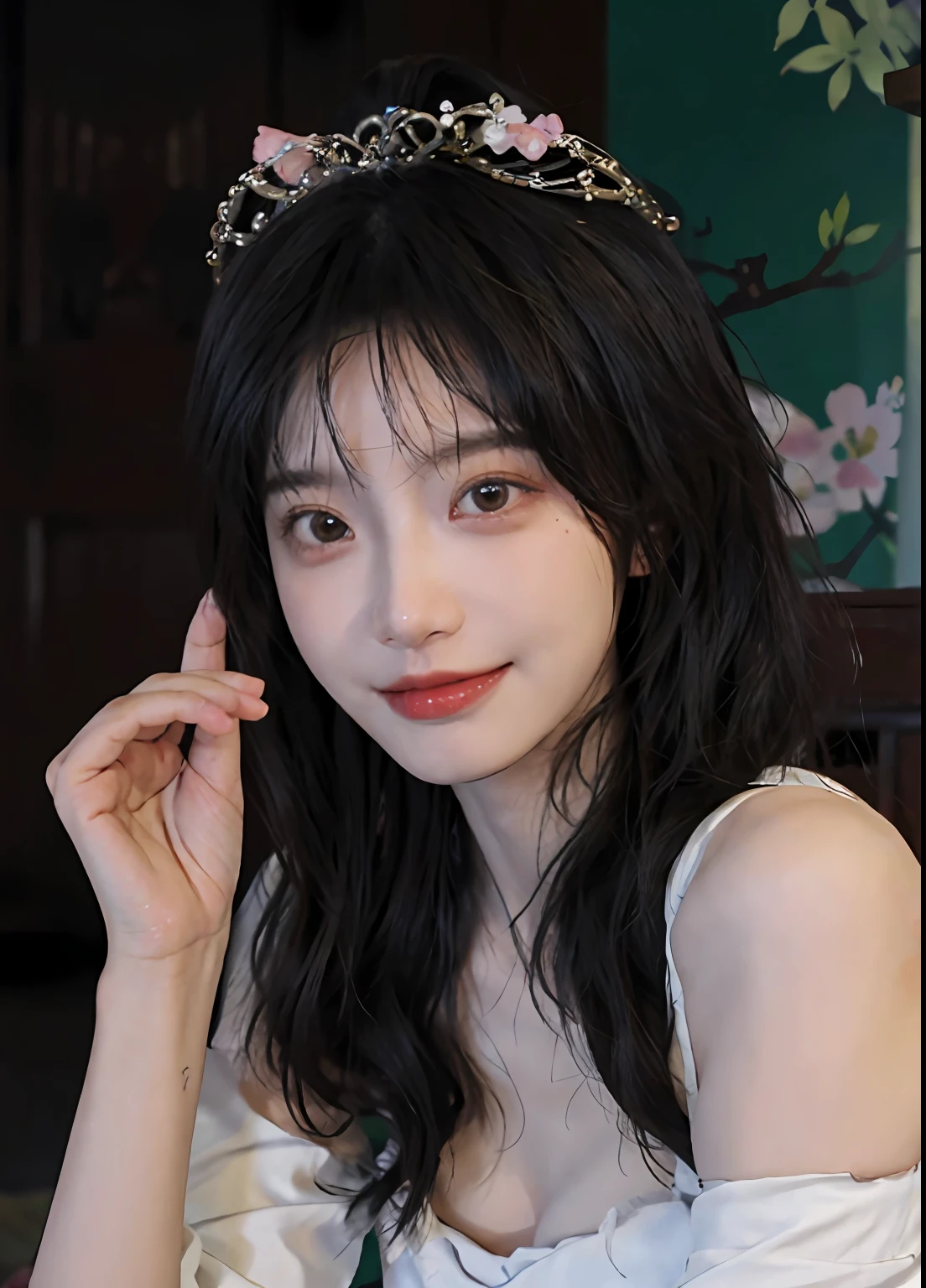 best qualtiy， 超高分辨率， （realisticlying：1.4）， one-girl， A pair of clear and moving peach blossom eyes,Royal Sister，（full bodyesbian：1.2）a sense of atmosphere，a beauty girl，Small sling， ssmile，（brassier：1.2）（huge tit：1.2）， looking at viewert， closeup cleavage ，Peach Blossom Forest，