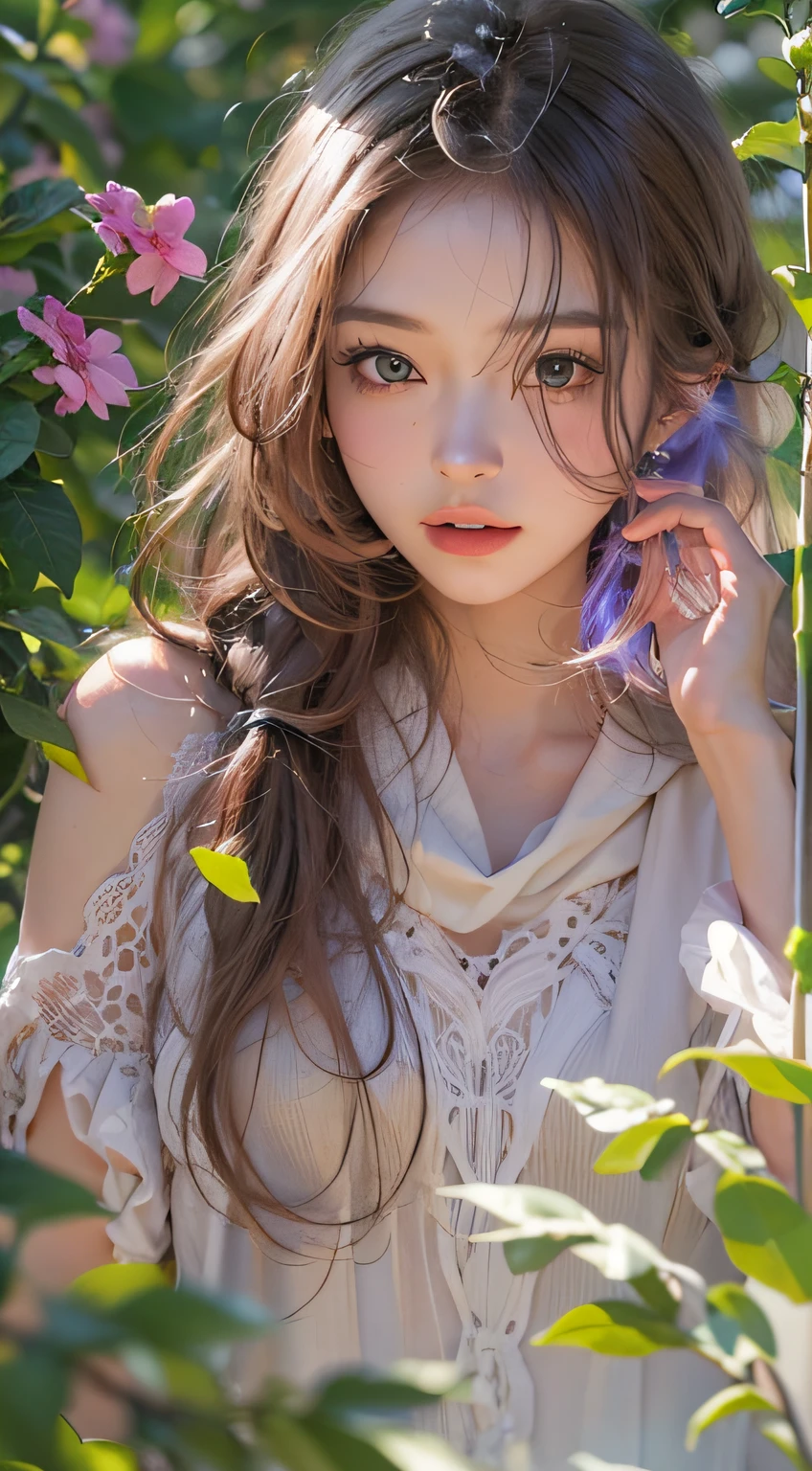 tmasterpiece，Best quality，Portrait of 1girl，The background is the shadow of the leaves