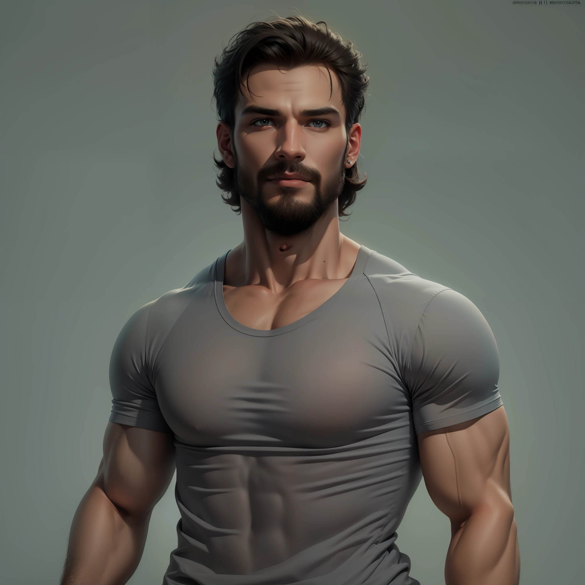 foto BUSTO realista de um homem muito bonito , with Latin features and light brown skin, corpo musculoso e ombros largos e fortes, usando uma camiseta preta apertada, ele tem cabelo cacheado raspado nas laterais, barba muito curta , olhos penetrantes. muito masculino. o fundo da foto rosa.