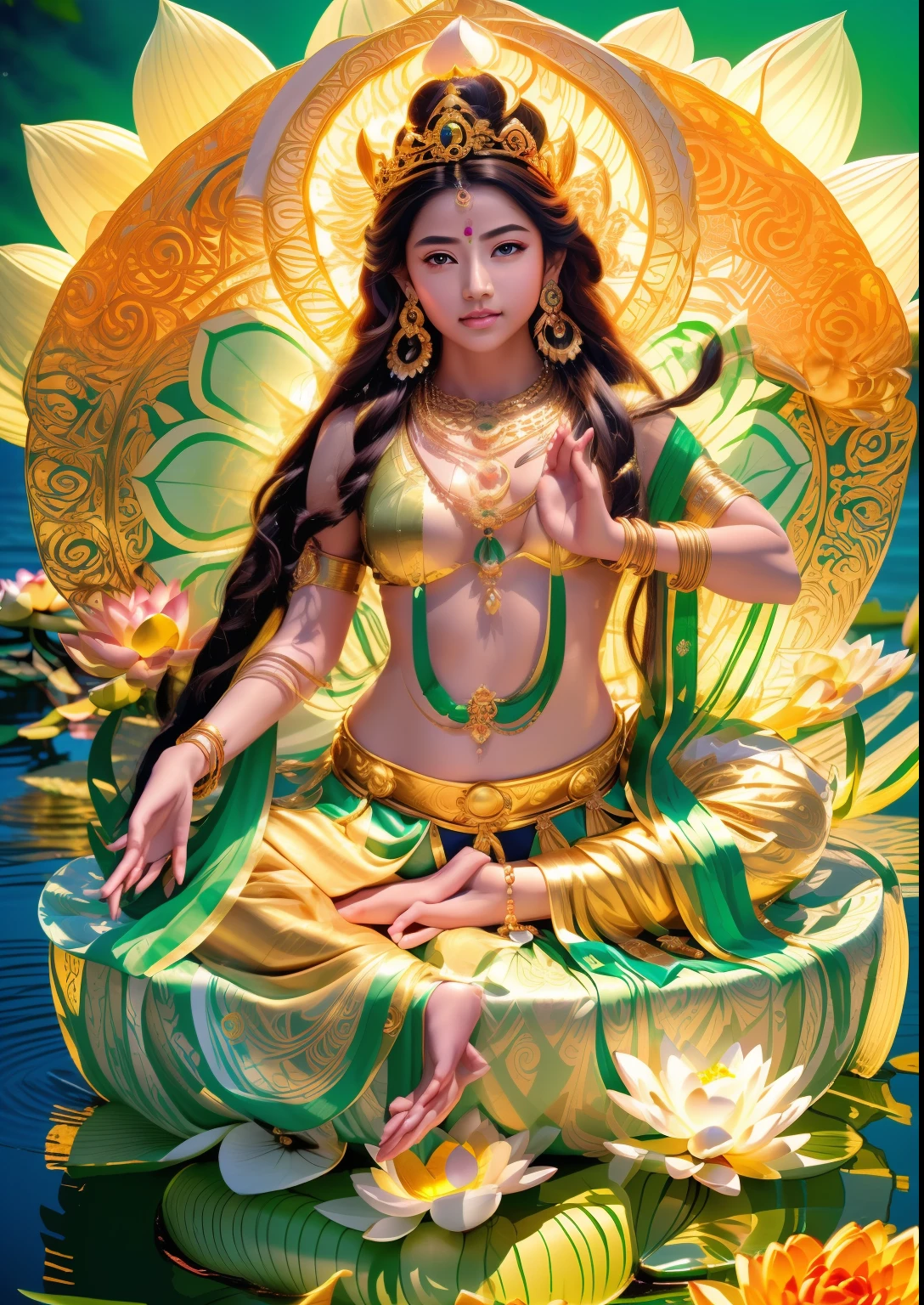 Beautiful green-skinned goddess sitting on a lotus platform，Holding a flower in his left hand，The right hand is sealed，Brown dress，purple ribbon， (((Body skin is green)))，Bright big eyes look at the audience，Long time brilliant，Peaceful sitting posture，Complete foot structure，Barefoot，In the background are the sky，The sky behind the head has a circular circle of light，Light，（primitive：1.2），（realisticlying：1.4），（Sharpness：1.2），16 yaers old，(((body high：1.5))),（（Gemstones refract dazzling light）），（（middlebreast：1）），（Abs：0.7），（glute：1.2），(Healthy skin green，Green thin skin， seductiveexpression， 二重まぶた，Jelly textured lips， Glowing lips，Small upturned lips，Shiny skin，(((Green skin texture)))，Real pores，ctextured skin，choker necklace，Wear a lot of Yingluo，（Wear gemstones，pearls，hisui，amber，），（（Gorgeous and exquisite crown，gemstone setting）），（Dynamic hair，long whitr hair，Beaded hairpins，Nobile，Delicate skin texture），Glossy glossy skin，Glowing green skin，Radiant hair，The head is illuminated with an aperture，The body shines， High quality detailing， Cinematic lighting，,absurderes, unbelievable Ridiculous, hugefilesize, ultra - detailed, A high resolution, The is very detailed，best qualtiy，tmasterpiece，illustratio，The is very detailed，CG，unified，8k 壁纸，Amazing Cleavage，finely detailled，tmasterpiece，(((dynamicposes)))，((Correct anatomy)),(((Correct dissection))，indian goddess of wealth，