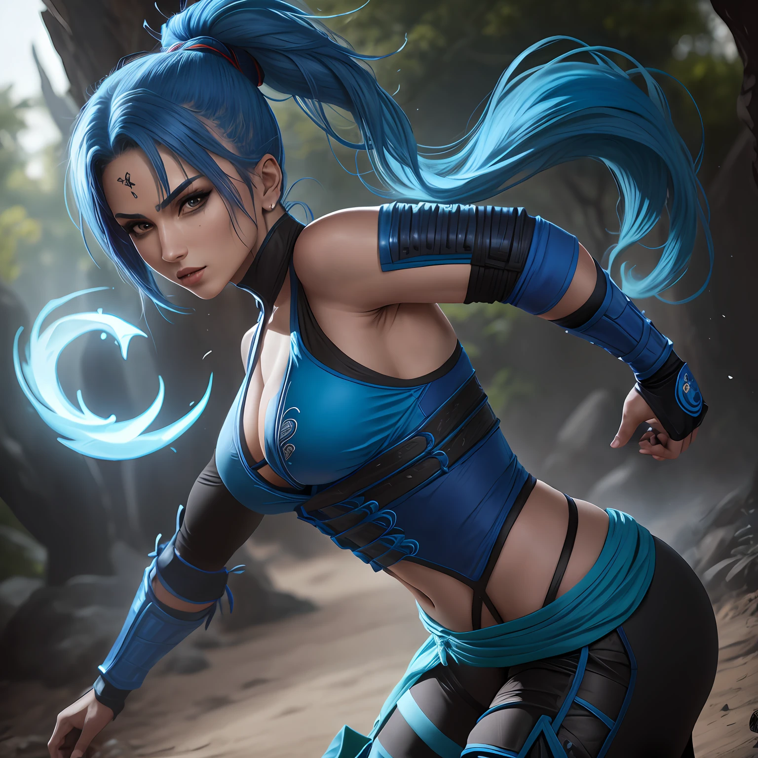 Ninja, mulher ocidental, mulher bonita, mulher de cabelo azul claro longo, blue_hair, Blue ninja clothes, peitos grandes, mortal kombat style, personagem de mortal kombat, realista, 1girl, jardim de fundo, posando para foto