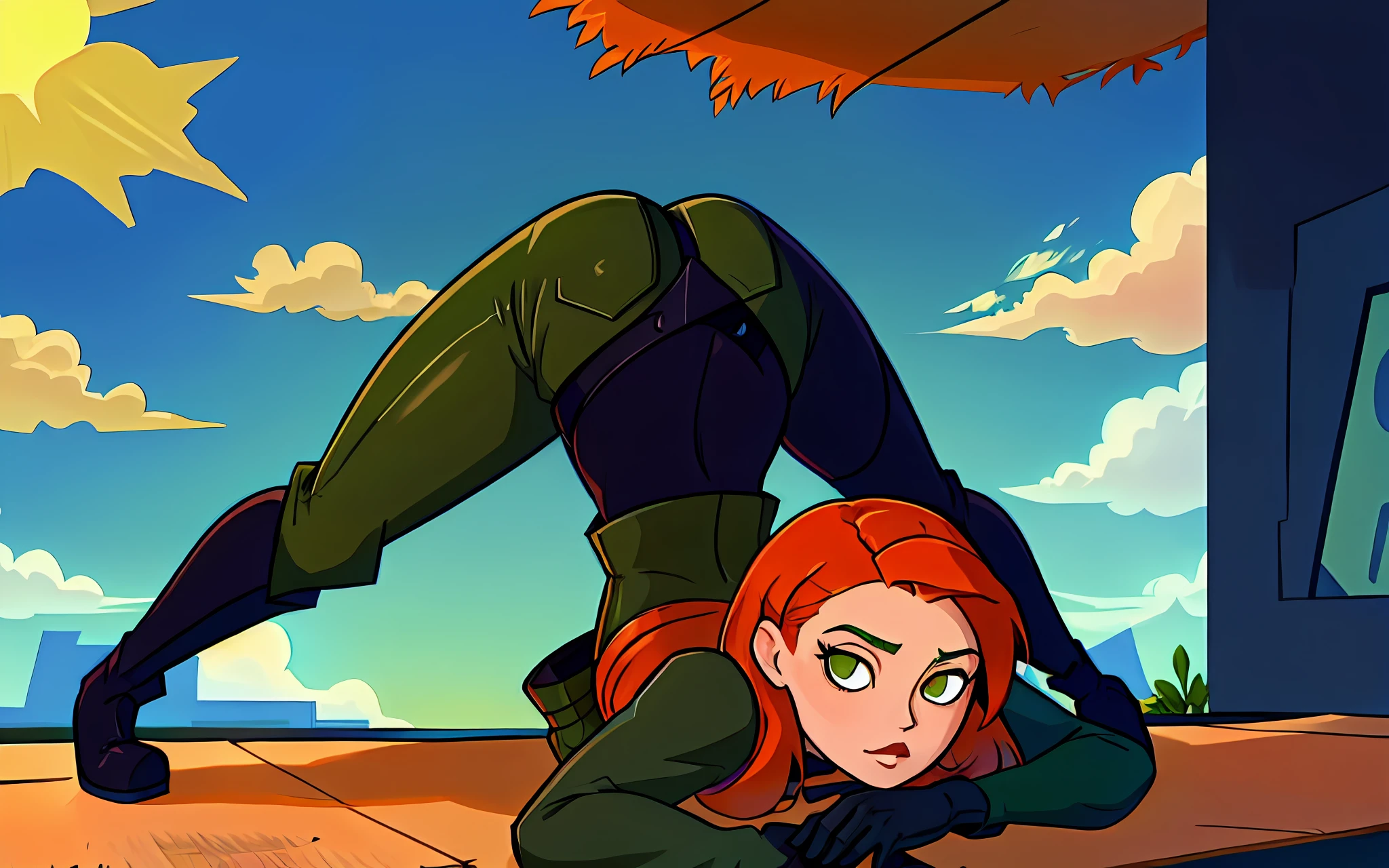 jackopose, top-down bottom-up, 1girl, green eyes, long hair, orange hair, kim possible, olive green jeans, black top, black gloves, black boots, masterpiece, in rooftop, blue sky , sun light,