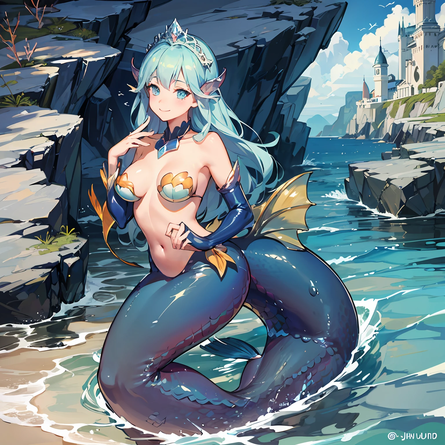 Colossal tits, slim figure, femele, Light blue super long hair, (((Little Mermaid))), a smile, (((In the sea))), low angles, Sunlight shines in, Hair on the tide, a ,realskin, fish flocks, masutepiece, in 8K, Beautiful, realisitic