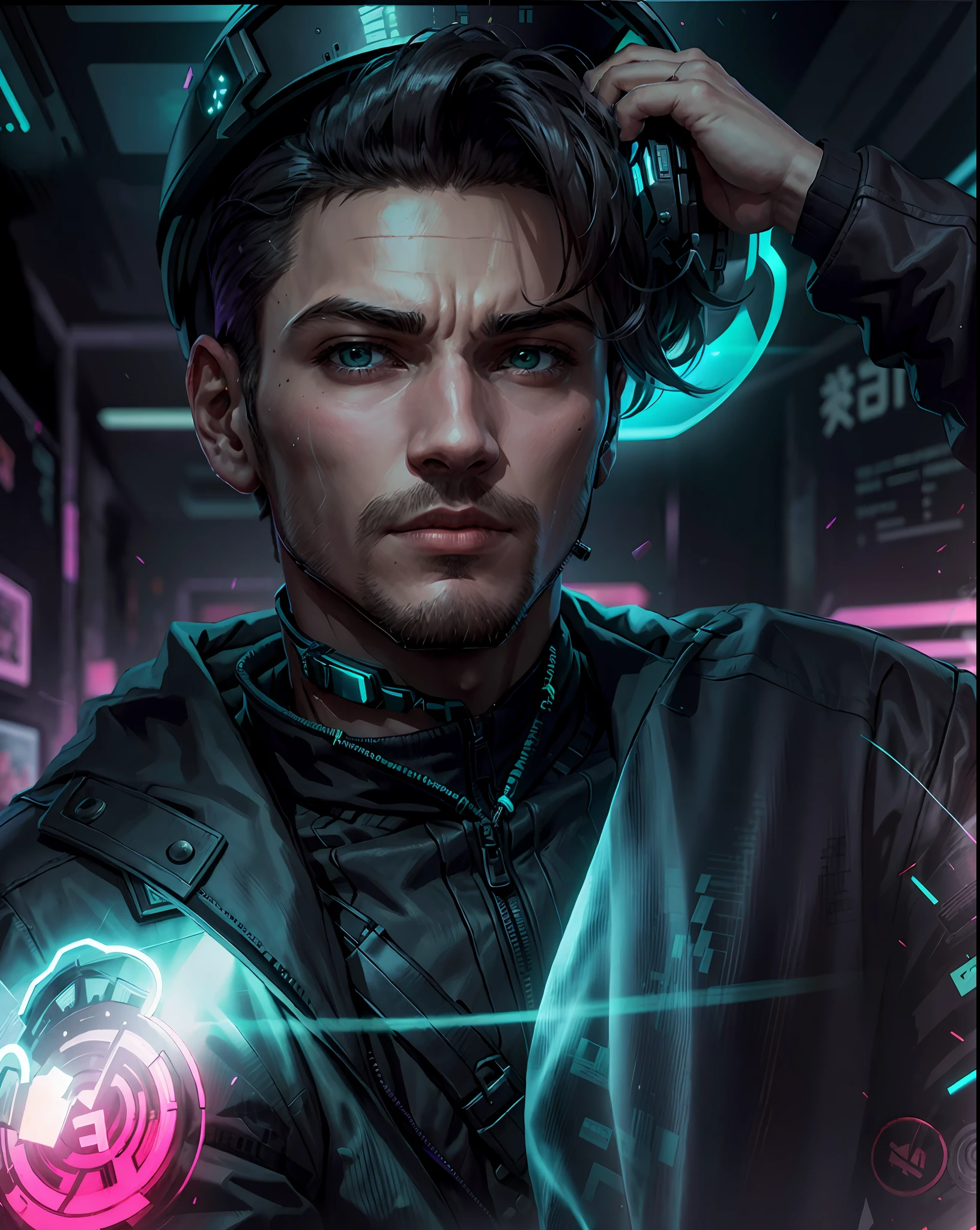 ((Melhor qualidade)), ((obra-prima)), (altamente detalhado: 1.3), 3D, NeonNoir, homem moreno cyberpunk, (using the head mounted display which is thick and hi-tech: 1.2), usando uma capa, hacking um terminal de computador, PURPLE NEON LIGHT FROM MONITOR, GREEN NEON SIGNS ON THE WALL,