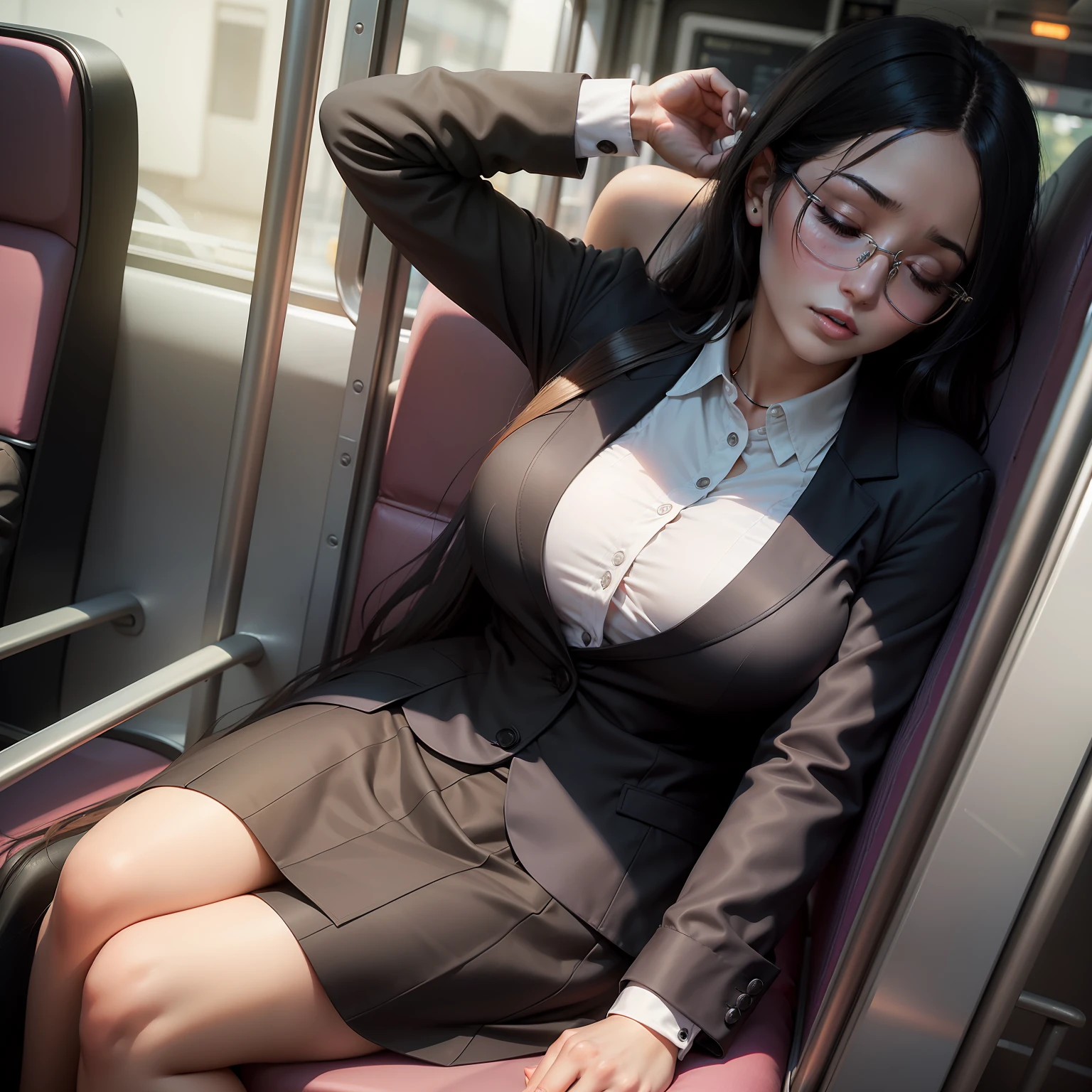 a beautiful woman, dressed as a secretary, sleeping with her mouth open, black hair, sleeping sitting on a bus, miniskirt.