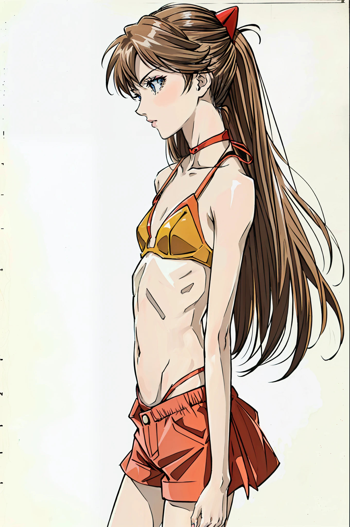 foto de retrato de ((very skinny Asuka Langley 20 years old and weighing 40 kilograms)), (( foto de cuerpo entero)), (((Beautiful Asuka Langley very anorexic))), ((muy flaco en bikini)), (((huesos y costillas visibles) ))) , ((small flat breasts)), ((very small waist)), ((piernas delgadas)), ((Cara hermosa)), ((Vista de perfil de cuerpo completo)), (((concave abdomen))), ((El cuerpo de Asuka Langley muy muy delgado)), (((fondo blanco))). ((Cabello en el viento)). (((mejor calidad))), ((Estilo evangelion)), ((costillas visibles)). ((Asuka Langley muy desnutrida en los huesos)).