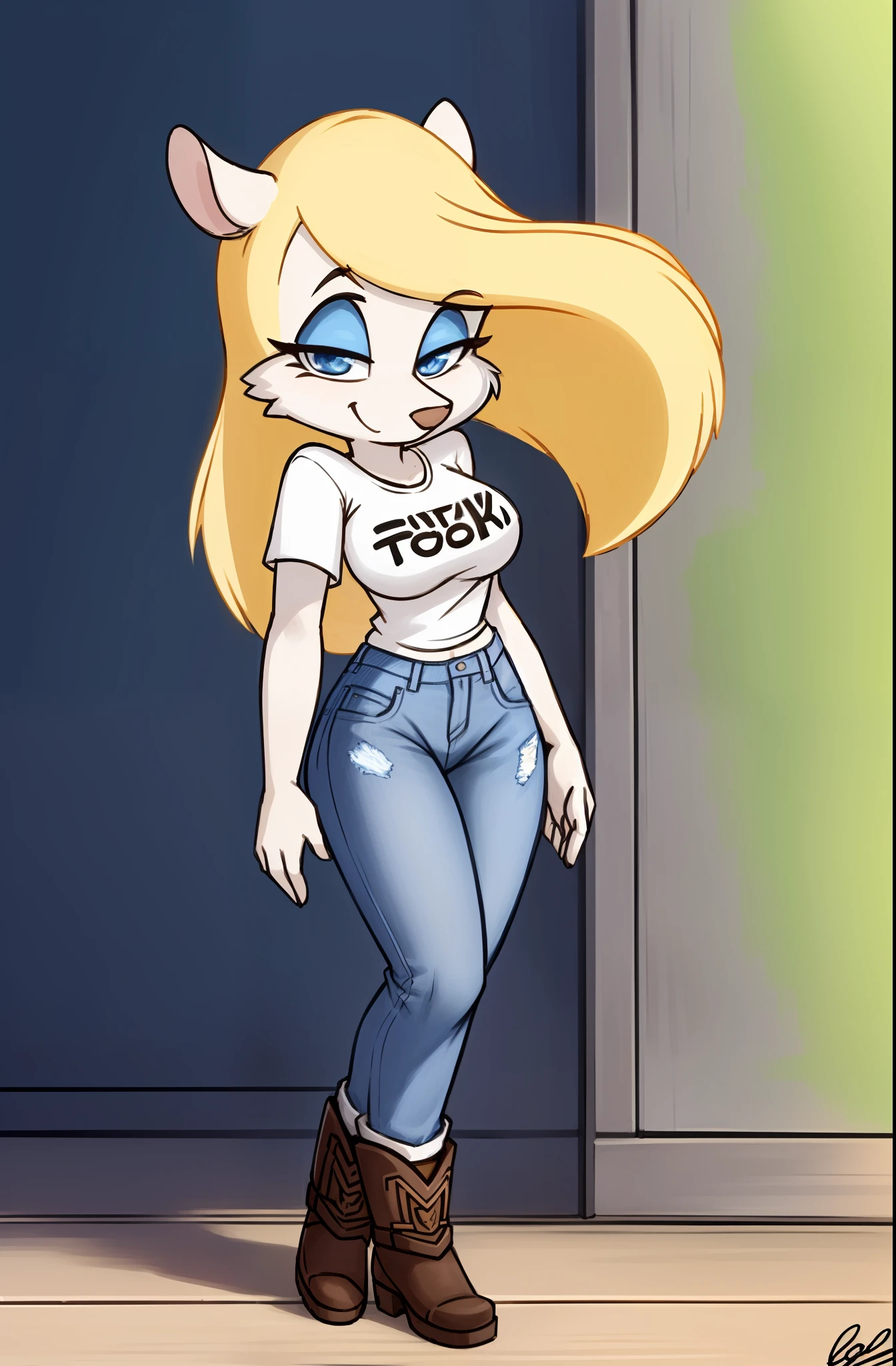 1girl, MinervaMinkCzar,(peludo, furry female, corpo inteiro), (orelhas de animais, cauda longa, cauda loira, focinho, franja varrida, cabelo loiro, maquiagem, olhos pretos, sombra azul), (camiseta pequena, Denim Jeans Pants, botas altas), (obra-prima:1.2), signings, (rosto detalhado:1.2), (olhos detalhados:1.2), pele perfeita, ultra-highresolution, 8K, alta qualidade, (foco clear:1.2), limpo, clear, cinemactic,