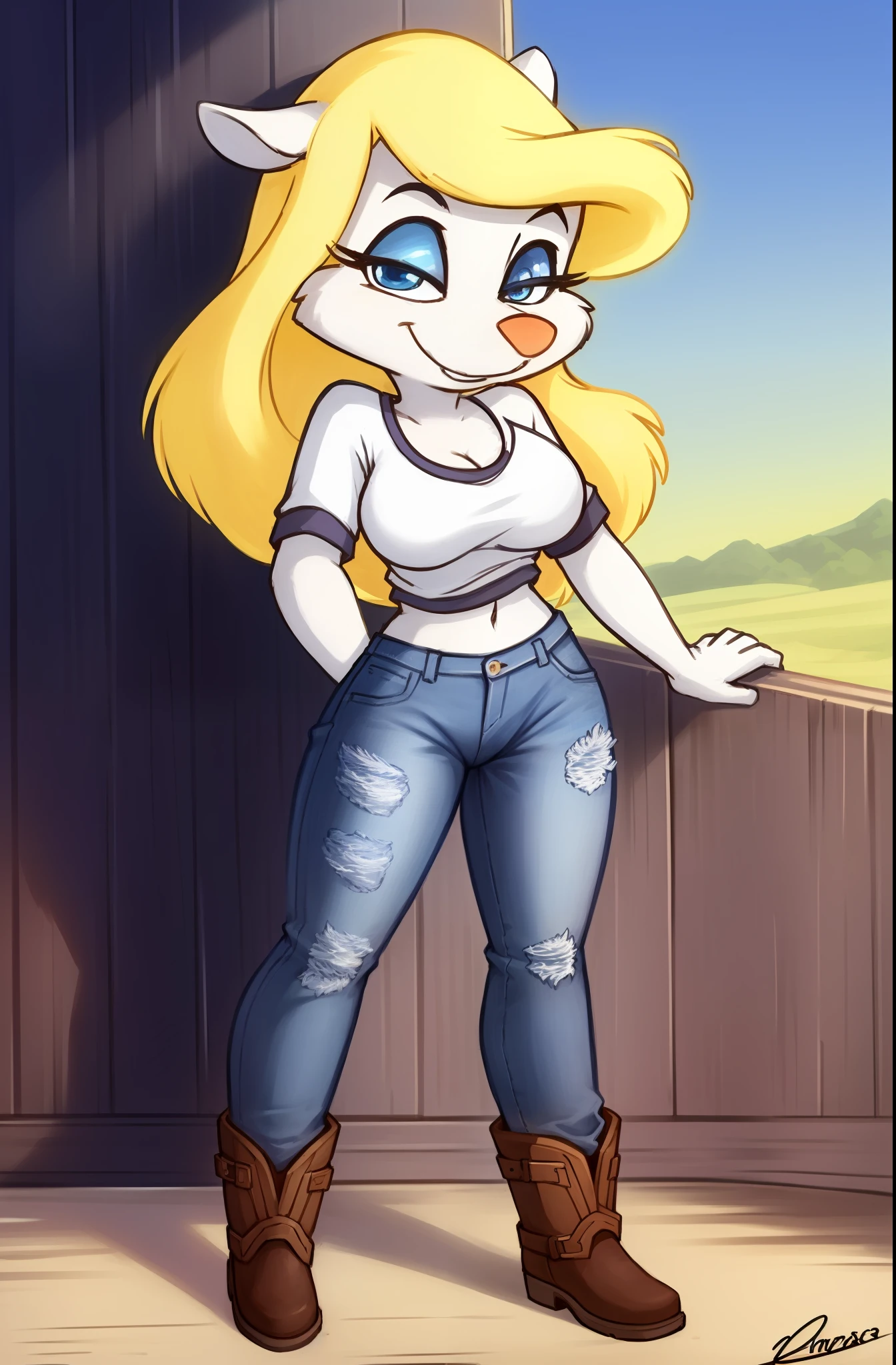 1girl, MinervaMinkCzar,(peludo, furry female, corpo inteiro), (orelhas de animais, cauda longa, cauda loira, focinho, franja varrida, cabelo loiro, maquiagem, olhos pretos, sombra azul), (camiseta pequena, Denim Jeans Pants, botas altas), (obra-prima:1.2), signings, (rosto detalhado:1.2), (olhos detalhados:1.2), pele perfeita, ultra-highresolution, 8K, alta qualidade, (foco clear:1.2), limpo, clear, cinemactic,