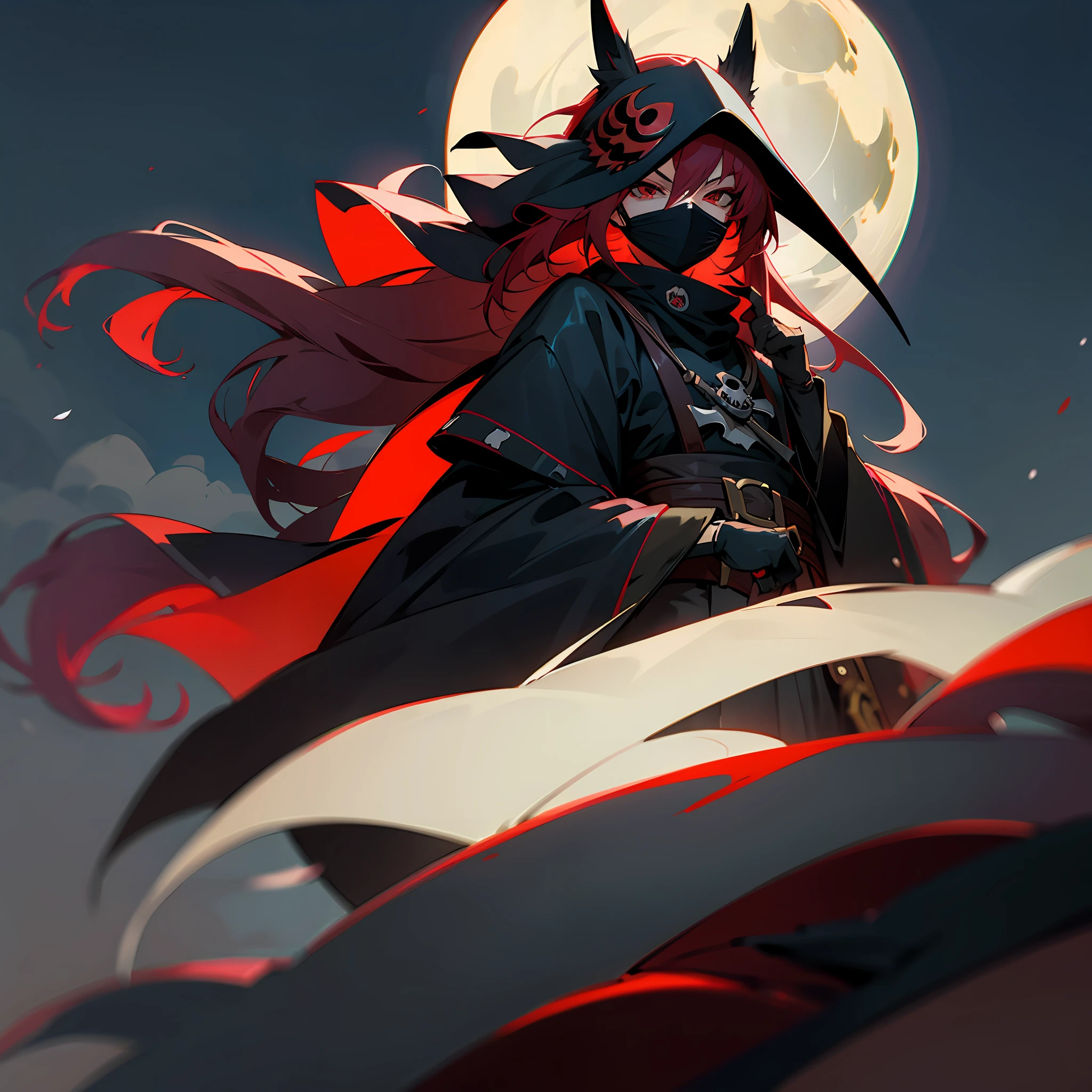 (anime mode), scarlet hair, long hair, bandit, black mask, night with full moon, little fog