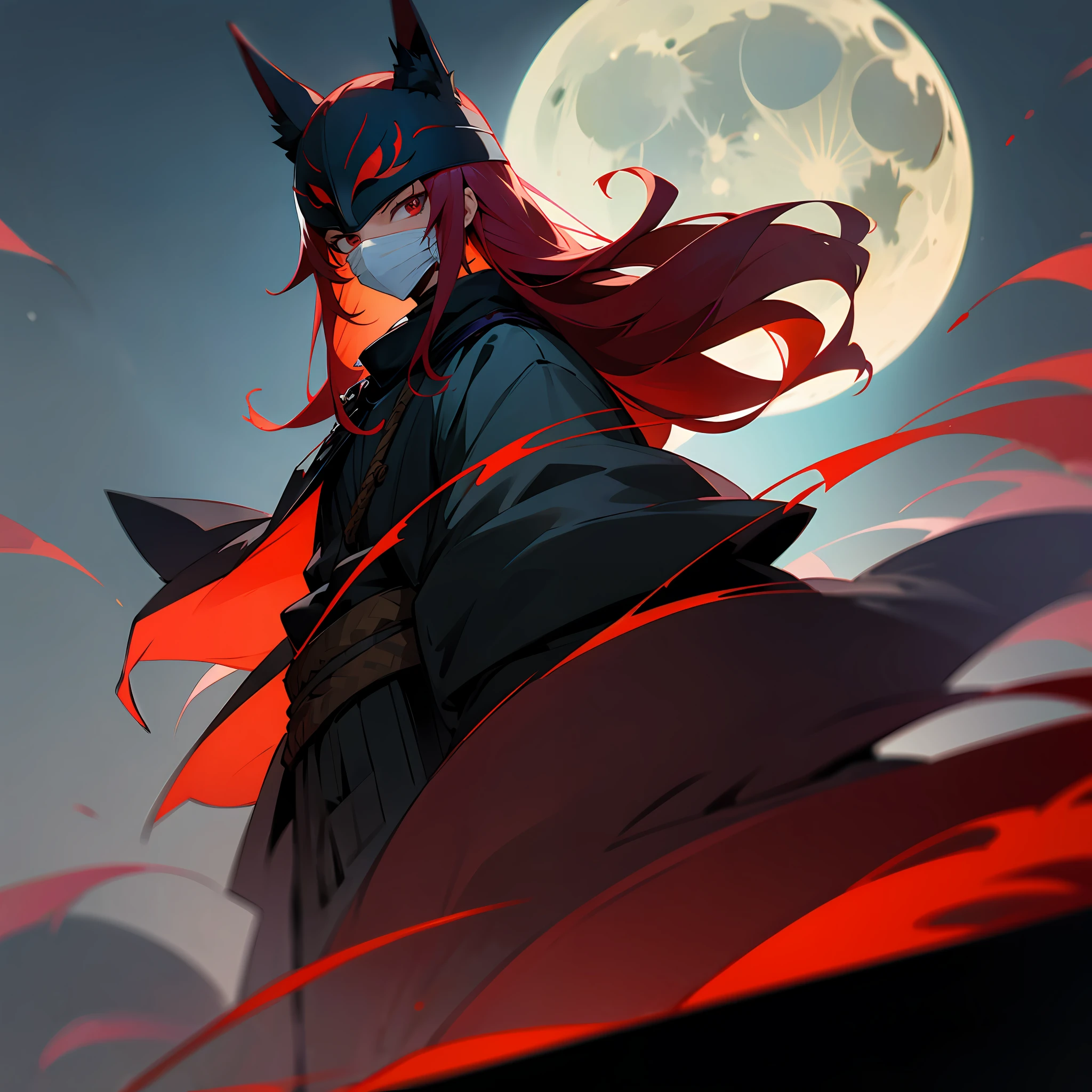 (anime mode), scarlet hair, long hair, bandit, black mask, night with full moon, little fog