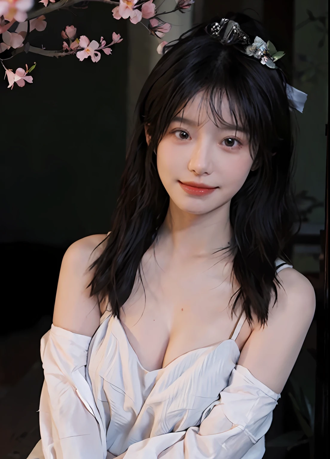 best qualtiy， 超高分辨率， （realisticlying：1.4）， one-girl， A pair of clear and moving peach blossom eyes,Royal Sister，（full bodyesbian：1.2）a sense of atmosphere，a beauty girl， ssmile，（huge tit：1.2），（full bodyesbian：1.2） looking at viewert， closeup cleavage ，Peach Blossom Forest，