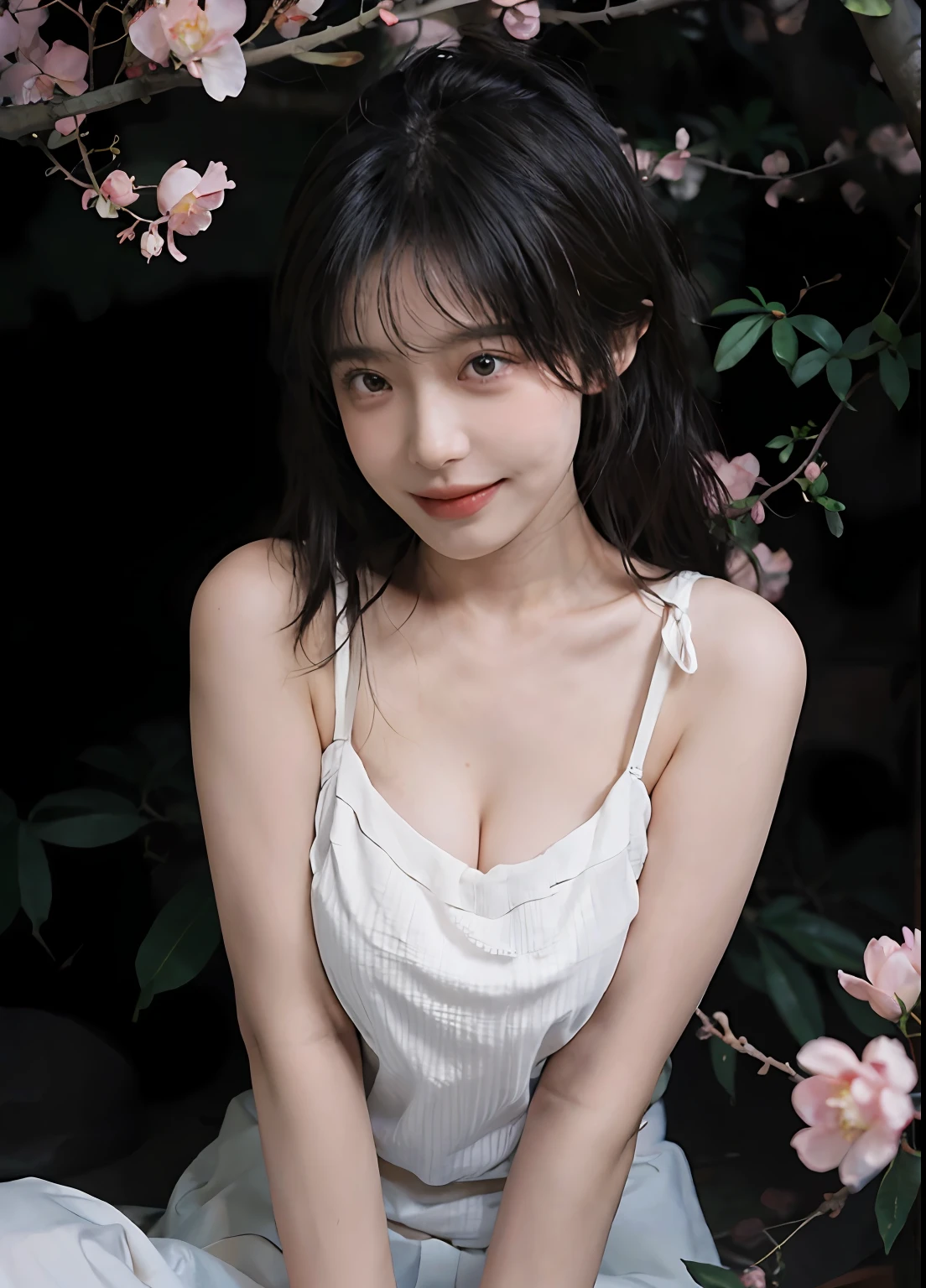 best qualtiy, 超高分辨率, (realisticlying:1.4), one-girl, A pair of clear and moving peach blossom eyes,Royal Sister,(full bodyesbian:1.2)a sense of atmosphere,a beauty girl, ssmile,(huge tit:1.2),(full bodyesbian:1.2) looking at viewert, closeup cleavage ,Peach Blossom Forest,