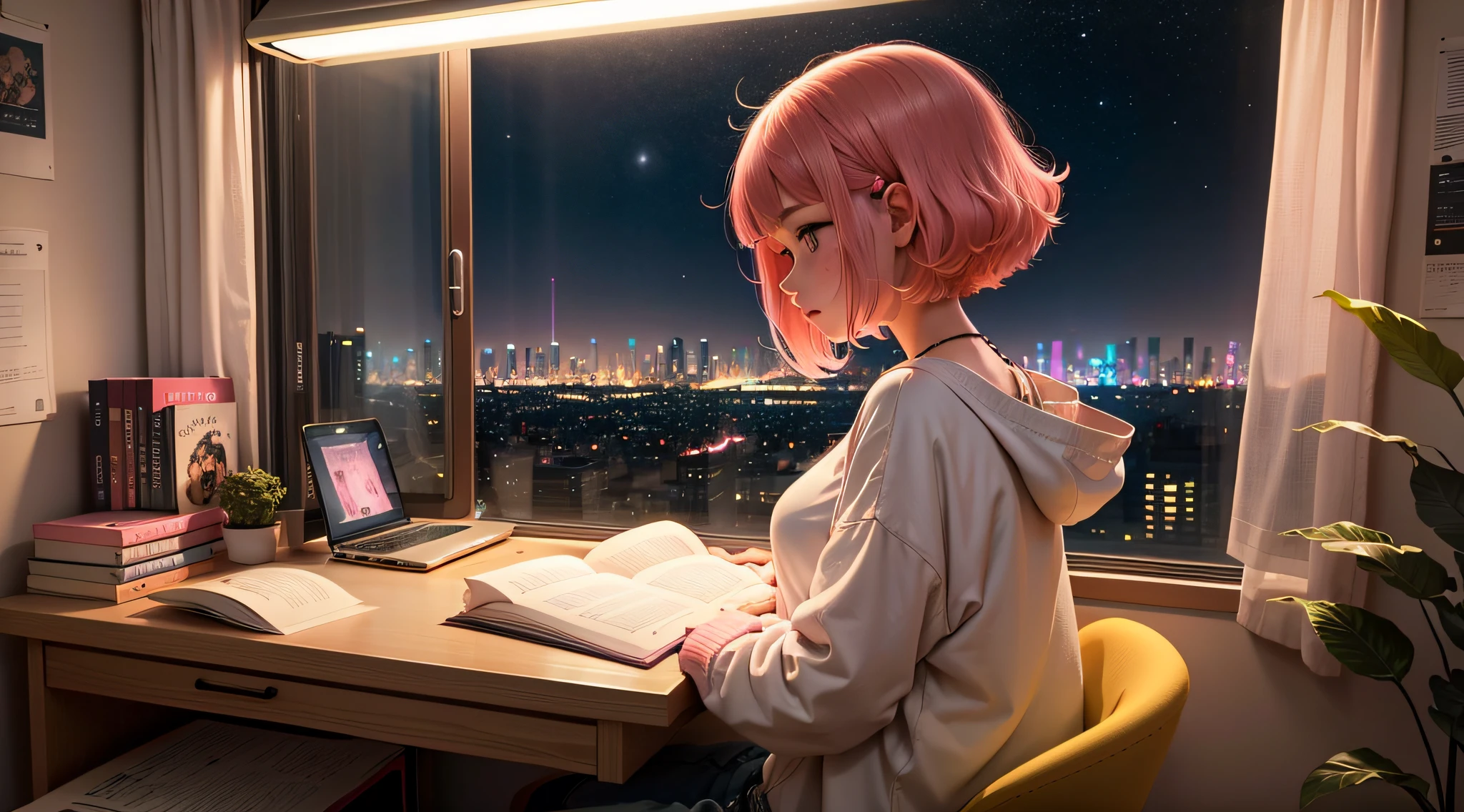 Lofi Music Anime Illustrations, uma menina com cabelo rosa em um quarto estudando, com livros, um notebook com uma pela vista de uma cidade a noite , listening to music while conceiving in studies, uma atmosfera agradavel e um pouco escuro o quarto --aut --auto