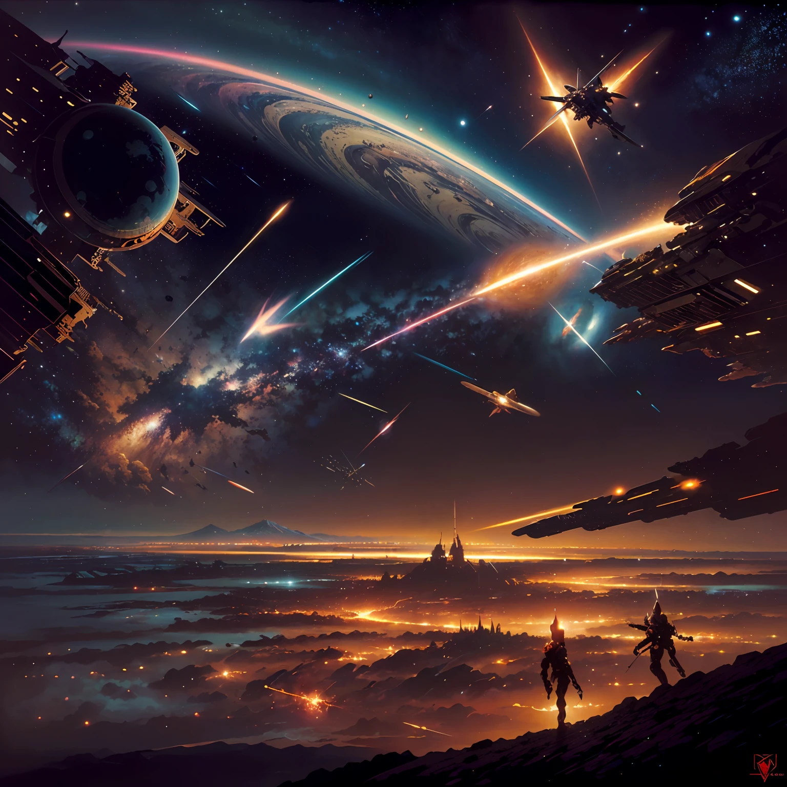 Influenced by the iconic styles of PETER ELSON, JOHN BERKEY, JIM BURNS, VINCENT DI FATE, CHRIS FOSS, ANGUS MCKIE, RALPH MCQUARRIE, SYD MEAD, BORIS VALLEJO, FRANK FRAZETTA, and ROGER DEAN, this extraordinary artwork features a breathtaking fusion of cosmic elements. Imagine a vast space backdrop with vibrant nebulae, electrifying colors, and ethereal celestial bodies. The central figure, a mysterious celestial being, is adorned with intricate and detailed armor, carrying a radiant weapon that emits pulsating energy. The scene exudes a sense of power, wonder, and cosmic awe.