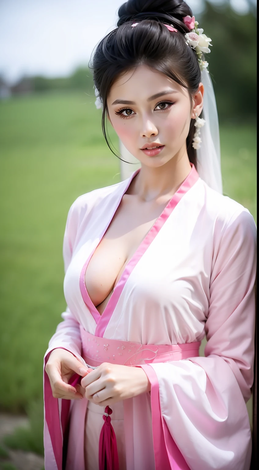 Fashion model  [[[[closeup cleavage]]]], [[[[boobgasm]]]], [[[[coll]]]], [[[[bshoulders]]]], perfect  eyes, Perfect iris，perfect lips，perfect teeth，Perfect skin，Long face，Soft front light，HDR，red attire，white apparel，Pink clothing，White or pink flowers on the background，（pastel colour：1.2）