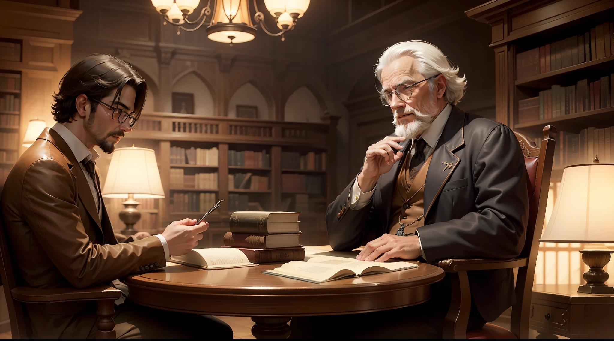 In a low-light library, Two men are sitting in antique leather armchairs, um de frente para o outro. Entre eles, There is a large wooden table covered by books. One of the men is old, com um ar de sabedoria e um olhar profundo. The other is young, with a curious and enthusiastic expression. What are they discussing in that mysterious library?? What secrets and knowledge they are sharing?