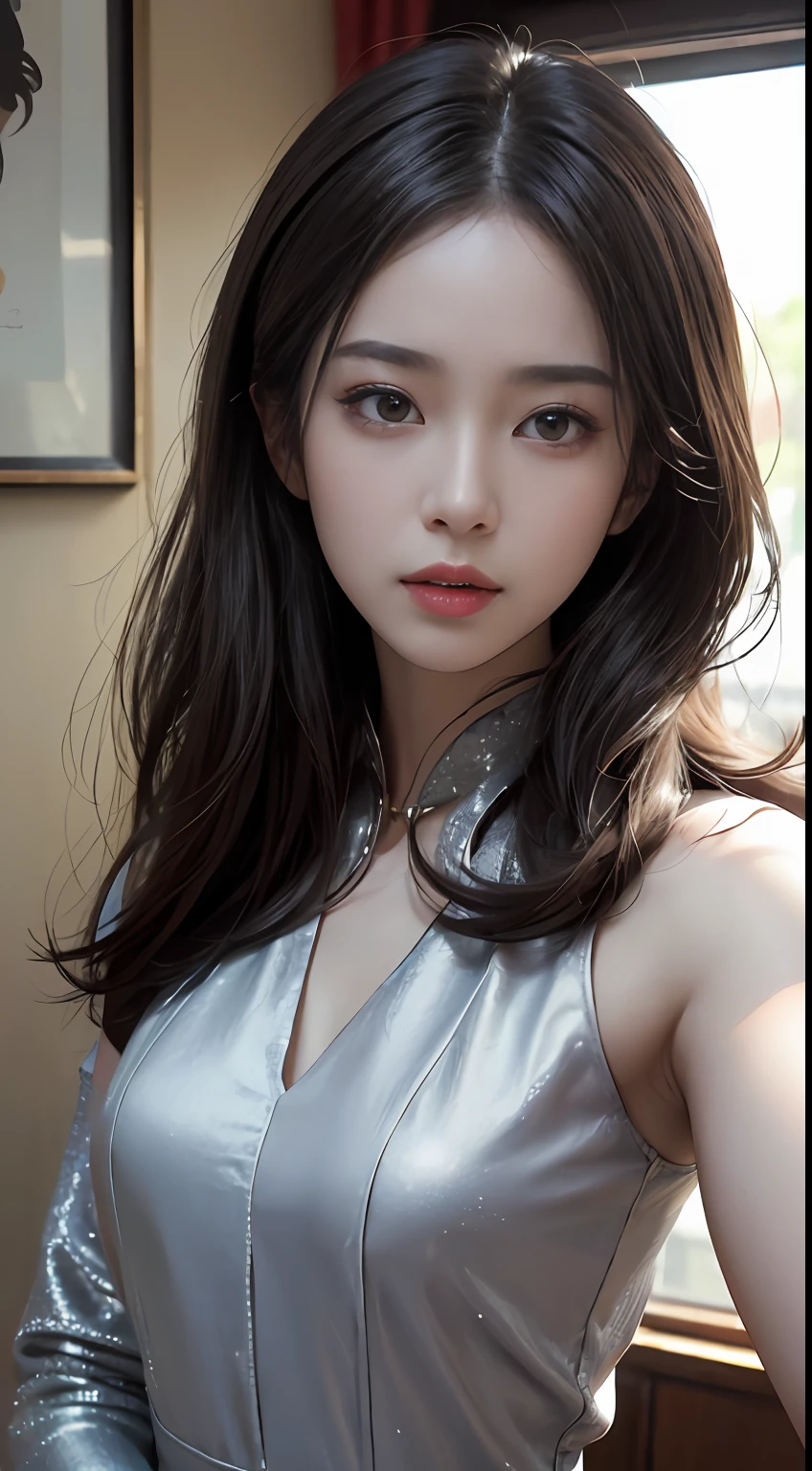 Actress Tian Xiwei 8K, Best Quality, Masterpiece, Super High Resolution, (Realism: 1.4), Original Photo, (Real Skin Texture: 1.3), (Film Grain: 1.3), (Selfie Angle), 1 Girl, Beautiful Eyes and Face Details, Masterpiece, Best Quality, Close-up, Upper Body Highest Quality Picture Quality Full