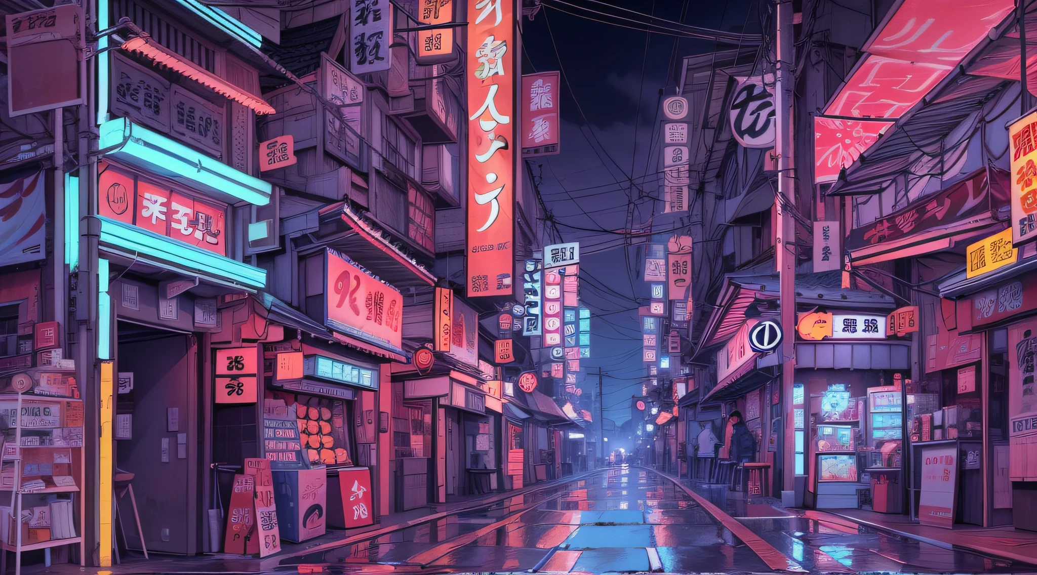 yokocho cyberpunk luzes neon hiragana k4 chuva noite futuro distopico depressivo soldados cidade toquio abstrato neo desfoque becos