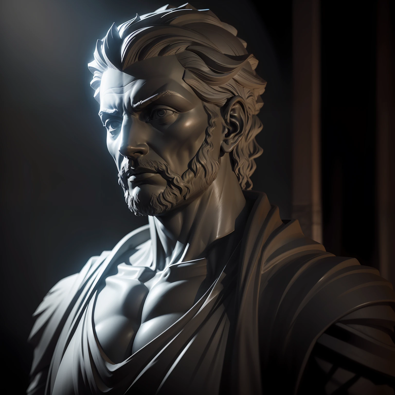 Ultra realistic grey stoic statue in dark environment