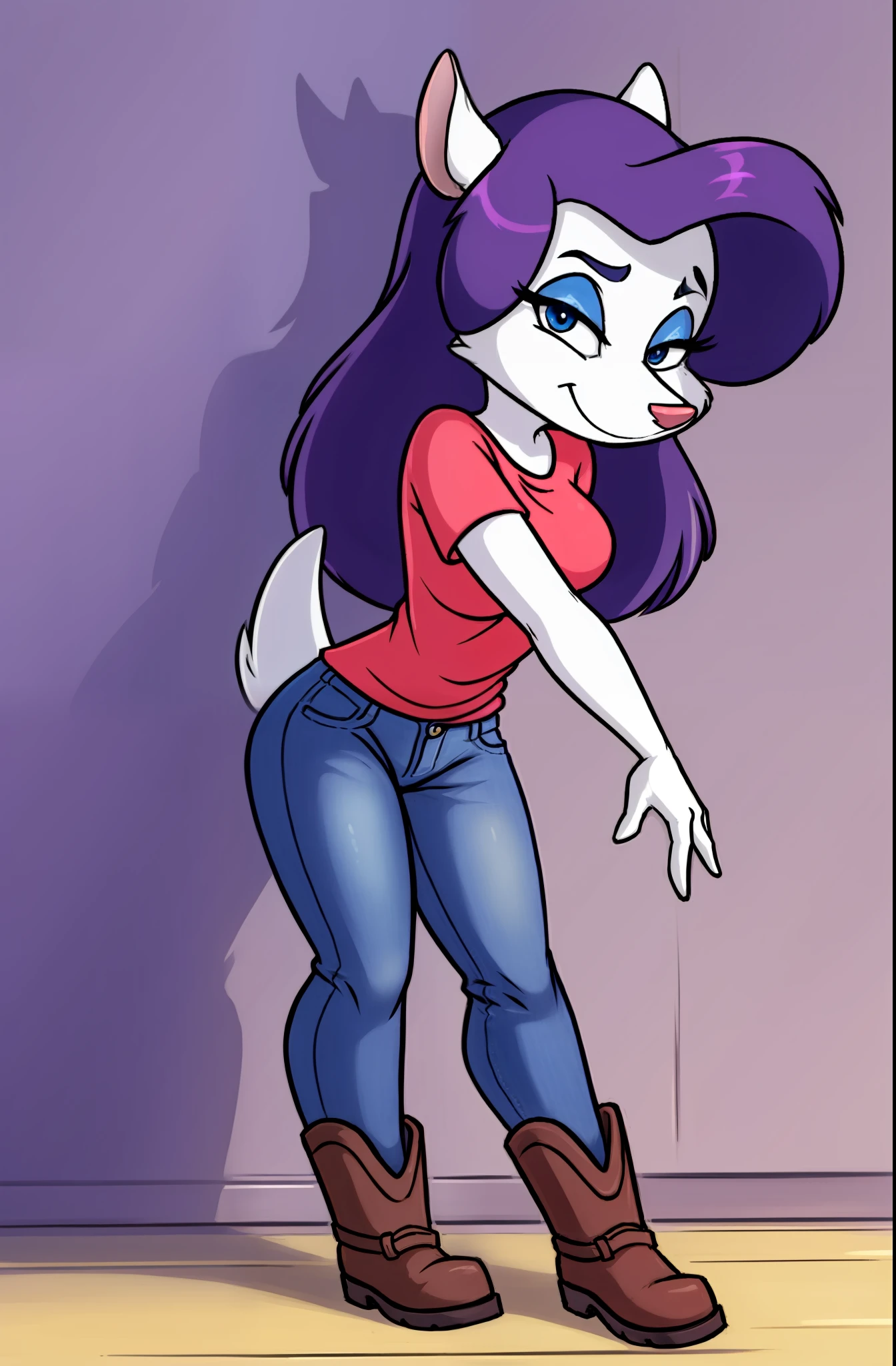 1girl, MinervaMinkCzar,(peludo, furry female, corpo inteiro), (orelhas de animais, cauda longa, cauda loira, focinho, franja varrida, cabelo longo, cabelo loiro, maquiagem, olhos pretos, sombra azul) camiseta pequena, Denim Jeans Pants, botas altas