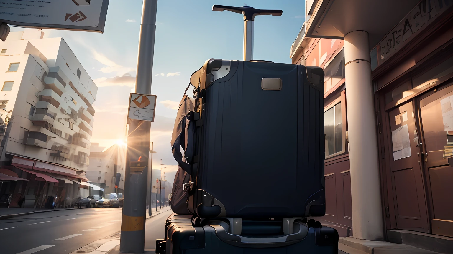 there is a suitcase sitting on top of a suitcase on the sidewalk, luggage, shutterstock, sunny morning light, by Niko Henrichon, vacation photo, by Mathias Kollros, in the evening, in the spotlight, taken with sony a7r camera, traveler, bottom angle, travel, traveling clothes, hard morning light, in suitcase