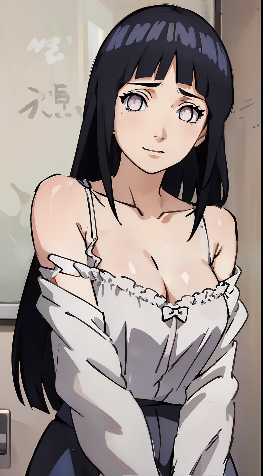 one-girl,little breast,cleavage,Off-the-shoulder attire,Bust photo,Naruto,Forehead,white clothes,looks into camera,sportrait,ssmile,schools,Classroom,比基尼,cute little,Black hair