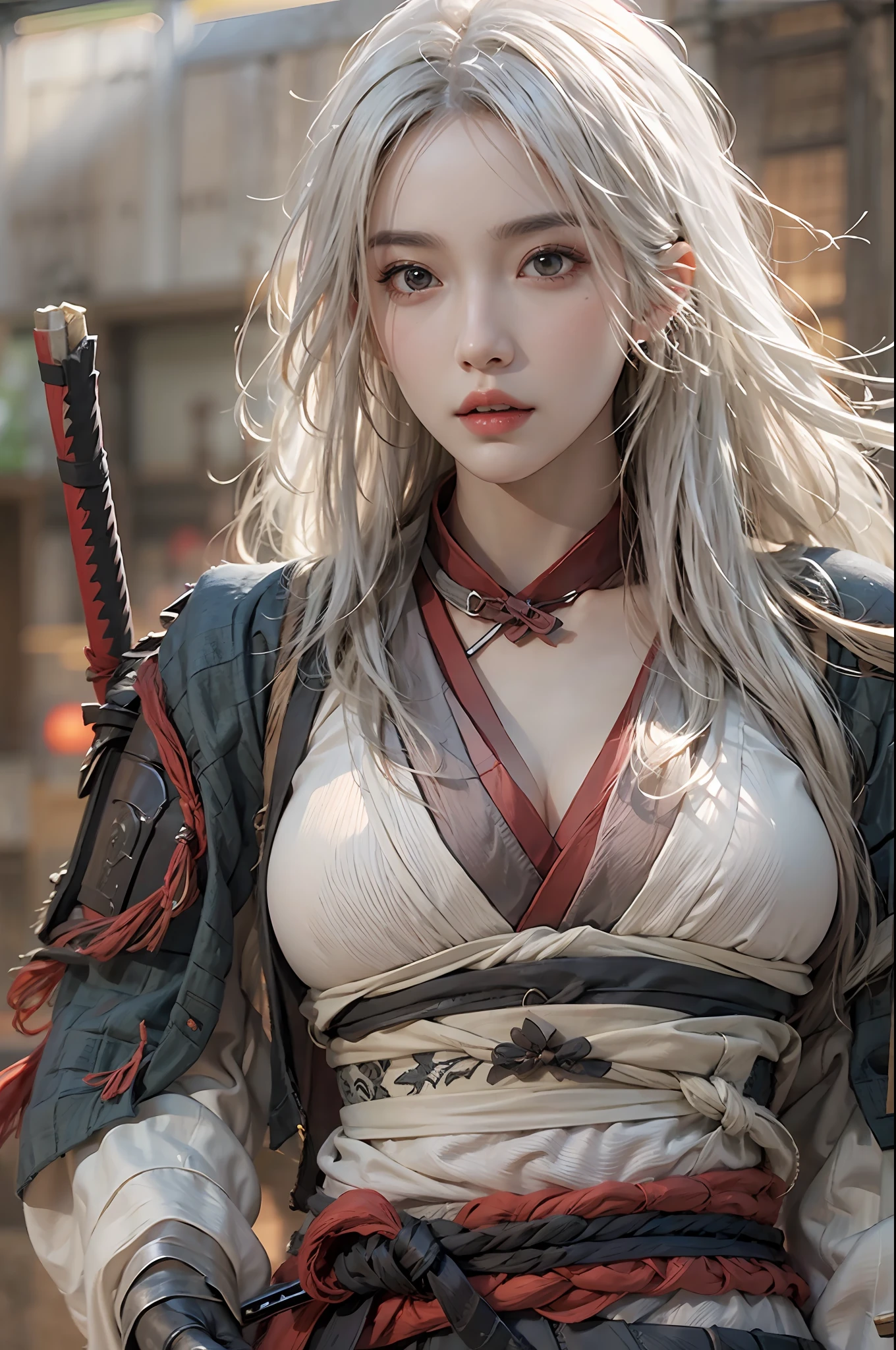photorealistic, high resolution, 1 woman, hips up, white long hair, beautiful eyes, normal breast, sekiro style, samurai armor