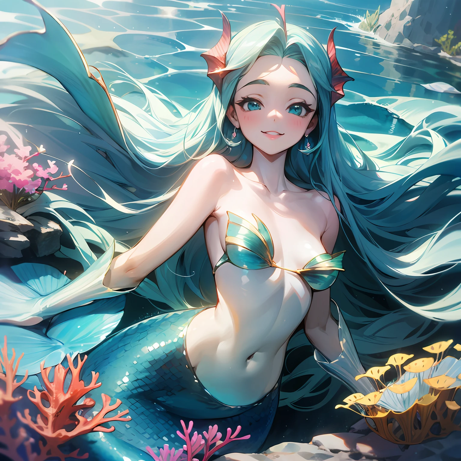 Colossal tits, slim figure, femele, Light blue super long hair, (((Little Mermaid))), A smile, (((In the sea))), low angles, Sunlight shines in, Hair on the tide, a junior high school student,realskin, fish flocks, masutepiece, in 8K, Beautiful, realisitic