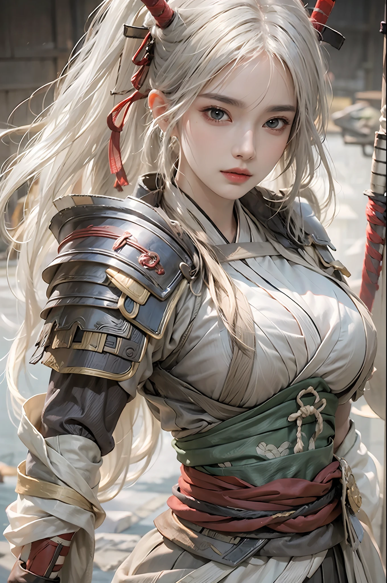 photorealistic, high resolution, 1 woman, hips up, white long hair, beautiful eyes, normal breast, sekiro style, samurai armor