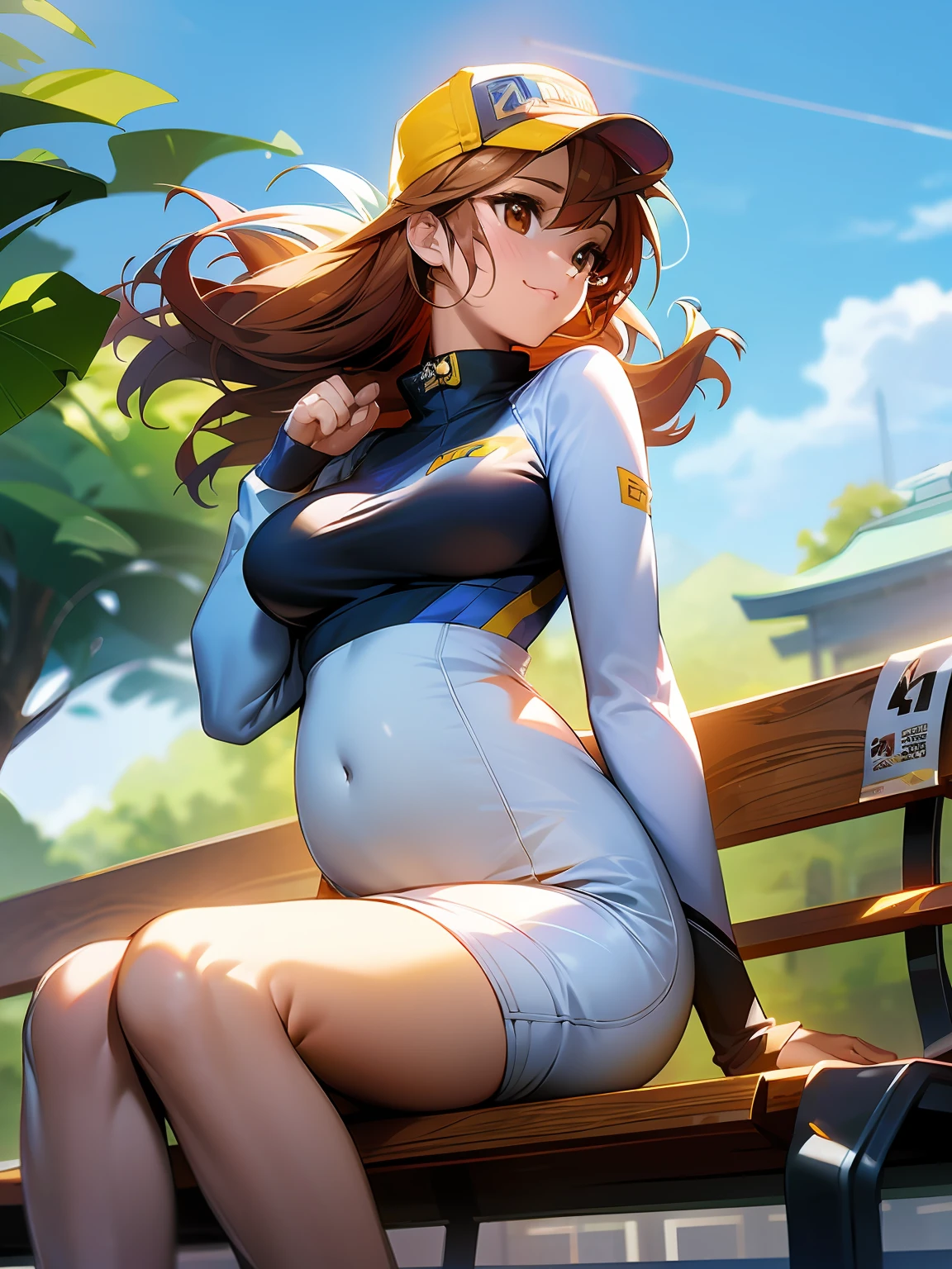 Pixiv style, A high resolution, Hyper-realistic, Anime style, 4K, A woman who is. Japanese high school student sitting on a park bench. High school sportswear. sweatshirts. Shoot sideways from diagonally. The woman looked up at me，Smile with your mouth closed. The woman's face is written accurately. medium hair length. Slightly larger breasts. Model type of woman. Extremely precisely drawn female eyes. Beautiful female face. Two legs. Two arms. Five fingers to write，extremely precise, Peaceful Japanese park，rich greenery.Pregnant belly，Pregnant women with，a navel