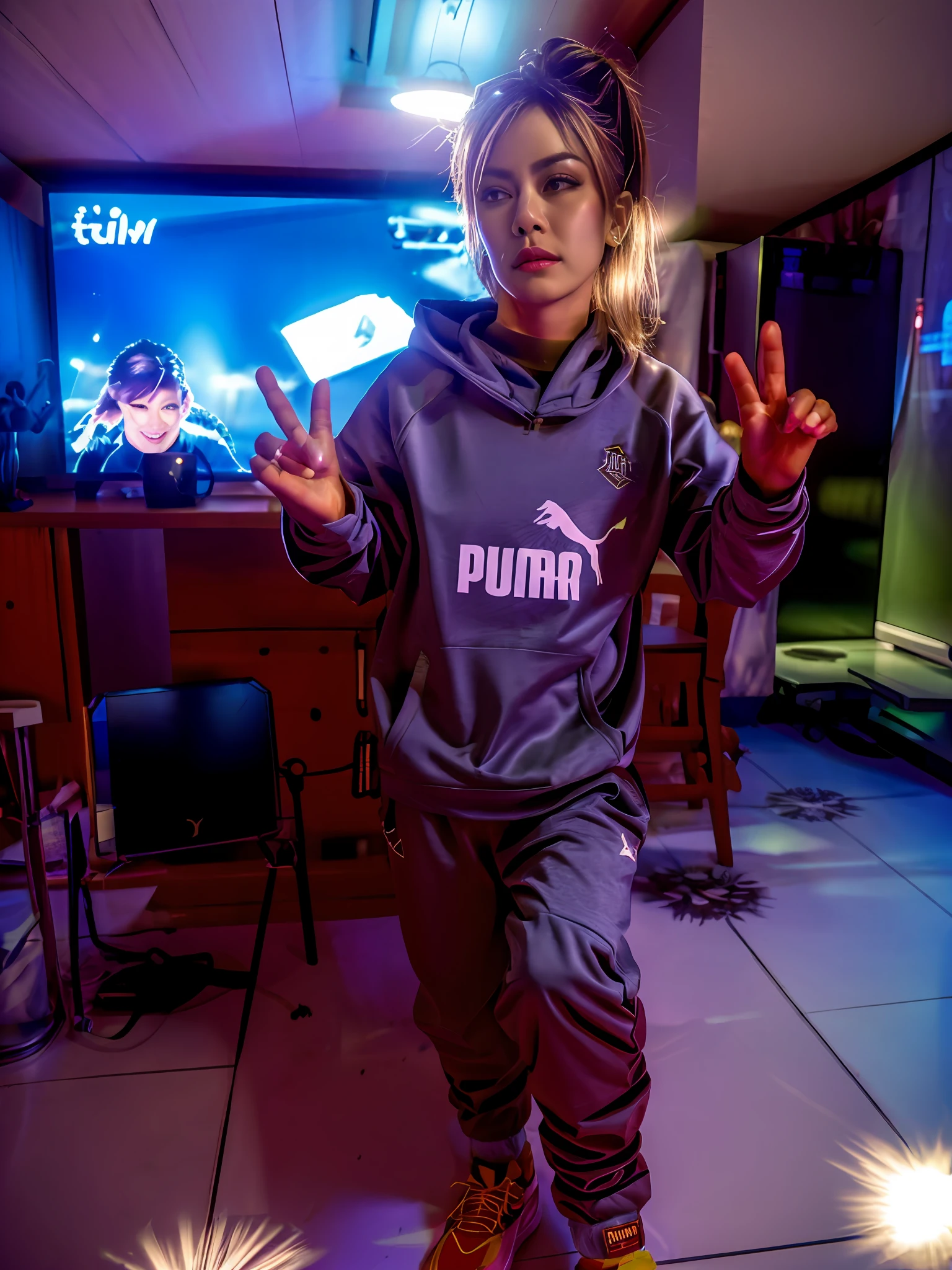 There is a young woman in front of a TV giving the peace signal, wearing a track suit, wearing a tracksuit, agasalho esportivo, mateus 9 5, vestindo terno de atletismo, Usando!!! Clothes!!!, imagem de qualidade muito baixa, Chappie em um traje de treino da puma, Ah Puch, usando roupas puma, wearing a hoodie and sweatpants, (RAW foto: 1.2), (fotorrealista: 1.4), (detalhes intrincados: 1.2), (obra-prima: 1.3), (melhor qualidade: 1.4), (ultra highres: 1.2), cinema light, ultra alta realista, (olhos detalhados), (detailedfacialfeatures), (detailed features of the outfit),HDR, 8K分辨率, (extremely detailed illustration), (extremely detailed illustration), retrato de corpo inteiro, lente de 50mm, abertura f/4, (super detalhe), 8mm film grain