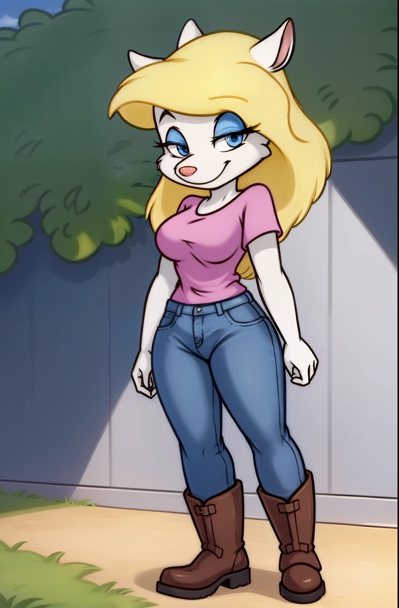 1girl, MinervaMinkCzar,(peludo, furry female, corpo inteiro), (orelhas de animais, cauda longa, cauda loira, focinho, franja varrida, cabelo longo, cabelo loiro, maquiagem, olhos pretos, sombra azul) Denim Jeans Pants, camiseta, batom, botas altas