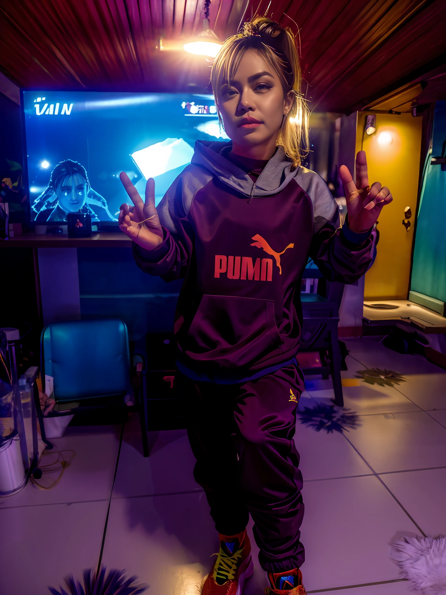 There is a young woman in front of a TV giving the peace signal, wearing a track suit, wearing a tracksuit, agasalho esportivo, mateus 9 5, vestindo terno de atletismo, Usando!!! Clothes!!!, imagem de qualidade muito baixa, Chappie em um traje de treino da puma, Ah Puch, usando roupas puma, wearing a hoodie and sweatpants, (RAW foto: 1.2), (fotorrealista: 1.4), (detalhes intrincados: 1.2), (obra-prima: 1.3), (melhor qualidade: 1.4), (ultra highres: 1.2), cinema light, ultra alta realista, (olhos detalhados), (detailedfacialfeatures), (detailed features of the outfit),HDR, 8K分辨率, (extremely detailed illustration), (extremely detailed illustration), retrato de corpo inteiro, lente de 50mm, abertura f/4, (super detalhe), 8mm film grain