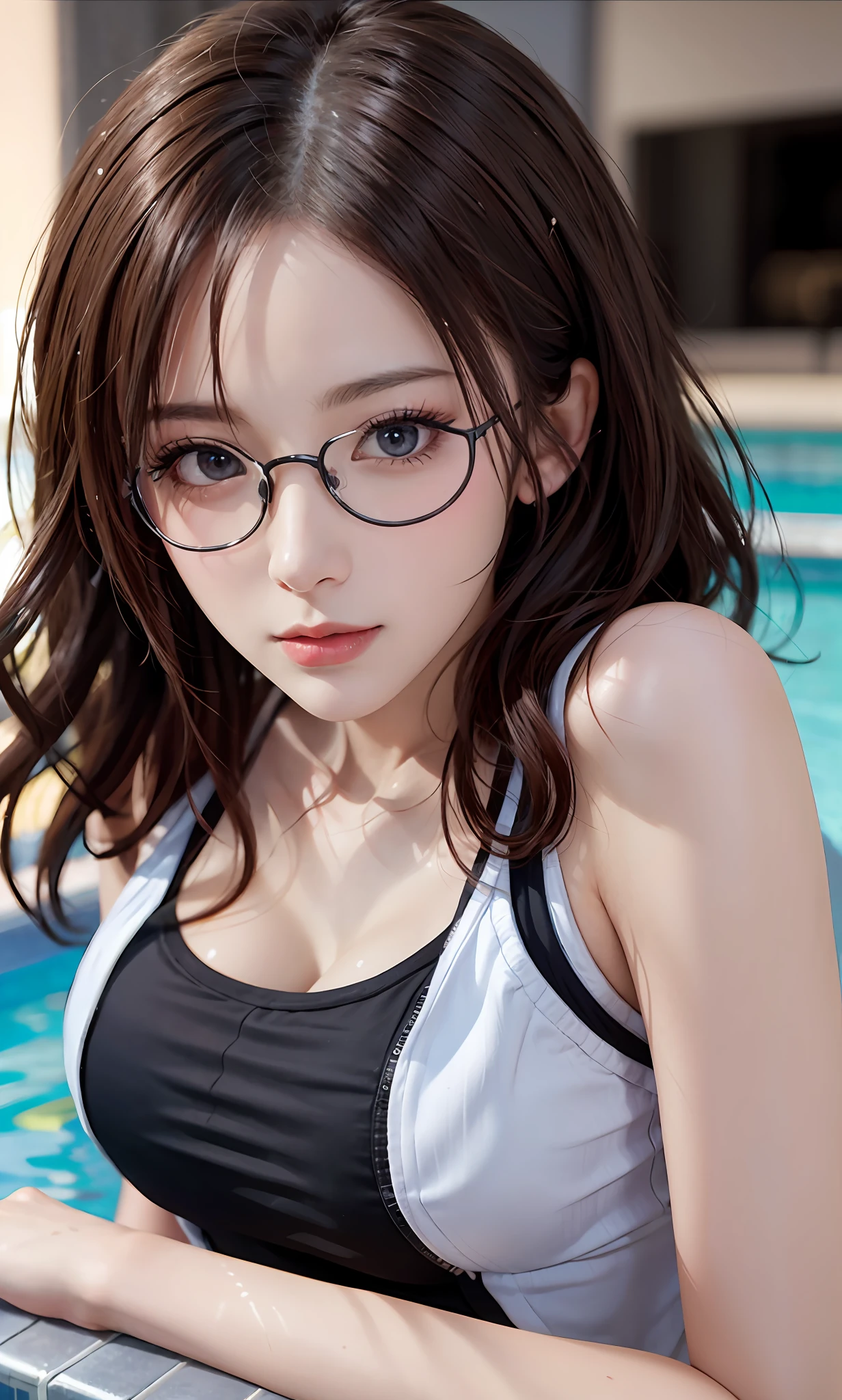 (RAW photos:1.2),high high quality,Beautiful Meticulous Girl,Highly detailed eyes and face,beatiful detailed eyes,hugefilesize,A high resolution,8k wallpaper,finely detailled,Highly detailed stock code uniform 8k wallpaper,light in face,电影灯光,16 year old girl,A sexy pose,(photo-realism:1.4),illustratio,ultra-realistic realism,super detailing, tmasterpiece, Swim in the swimming pool,Swim in a swimsuit,wears glasses,Bigchest,low chest