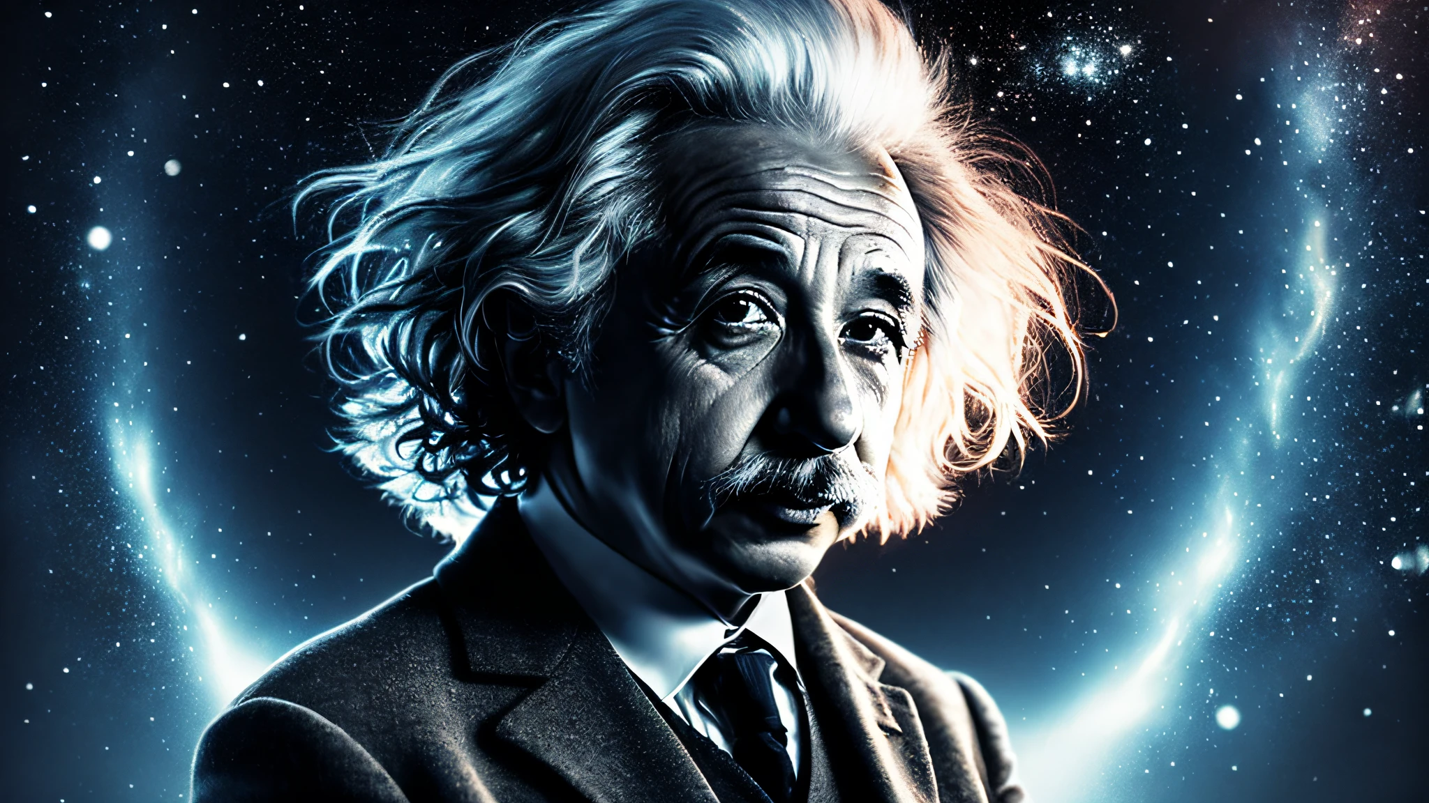 German physicist Albert Einstein, cinematic feel, alta qualidade, fundo preto com luzes flutuantes
