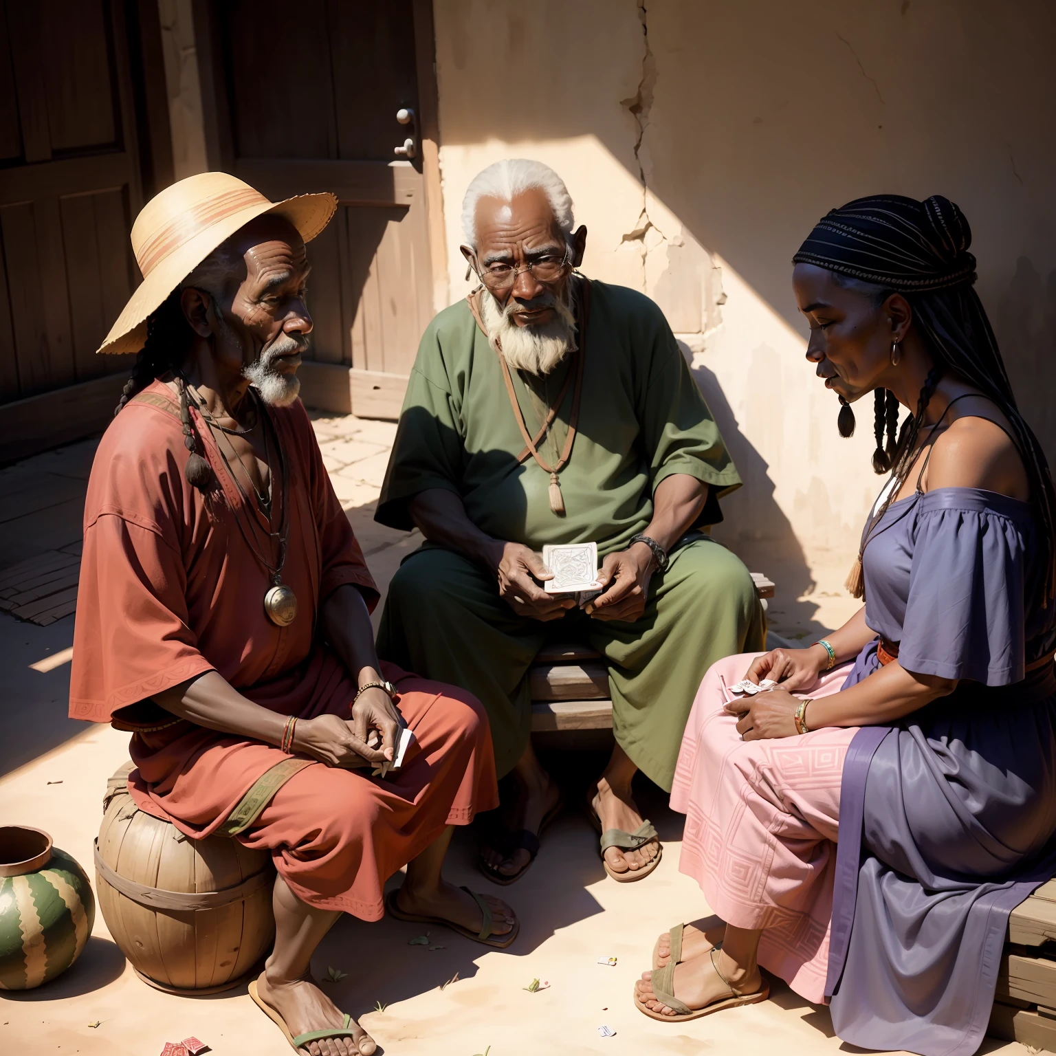 Hot midday hour，The elders of the village are sitting around in the shadows playing cards，eating watermelon