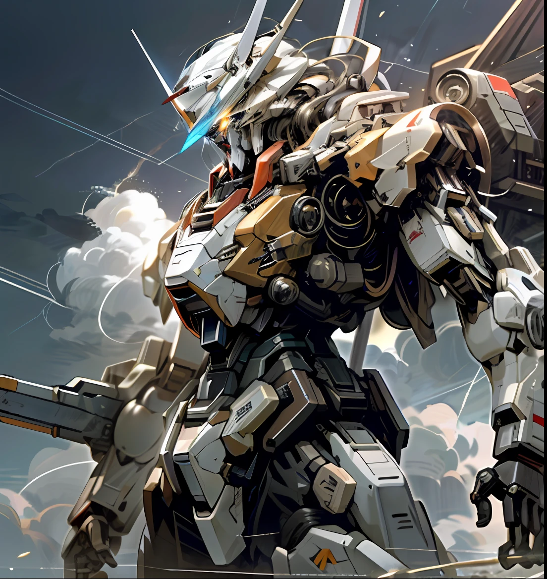 Skysky,clouds,lightning,gundam,The waist is recovered,holding_weapon,no_humans,with light glowing,,droid,buliding,glowing_eyes,mecha,scientific fiction,城市,Realistis,mecha