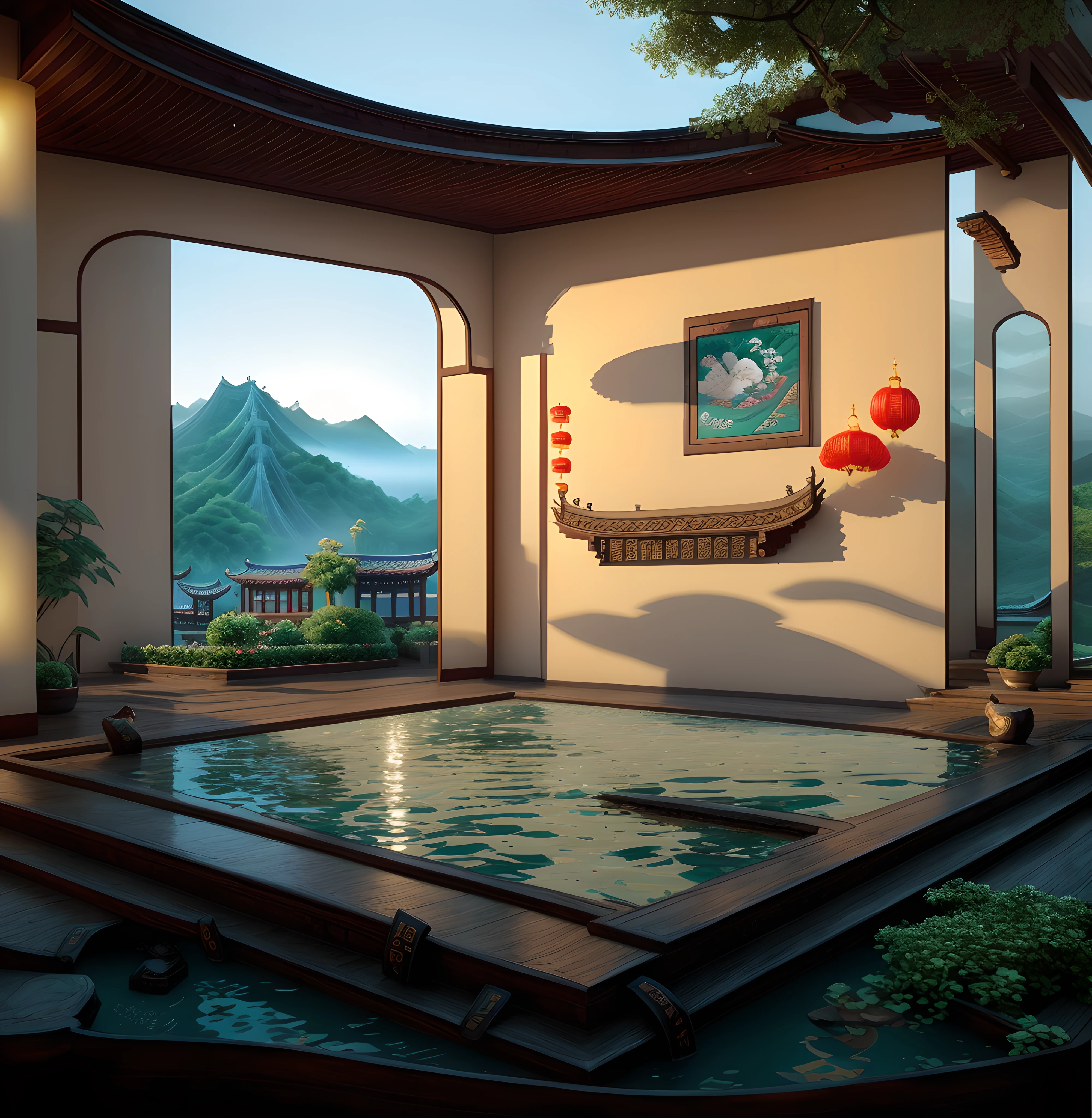 real rendering，The lights are bright，（((Outdoors during the day:1.5)))，Not a night view，Best quality at best，highly  detailed，tmasterpiece，ultra - detailed，Extremely detailed CG unifies 8K, 8K, Diamond, and wallpaper，tmasterpiece，best qualityer，Chinese martial arts style，There are water lilies，There are lanterns，There are boats in the water，Lake surface，lotuses，The beautiful，（((Chinese martial arts style))), The sky is vast, Even the mountain cliffs, Bright ink style, Contour light, Atmospheric atmosphere, depth of fields, The fog rises, bamboos, pines, Octagonal stone pavilion, Flying waterfalls,on  back， CG， The world of martial arts， Chinese style buildings， Eau， in a panoramic view，  8K， tmasterpiece， best qualtiy， high qulity， high detal， super detailing， A high resolution， hyper HD，Complete and unified