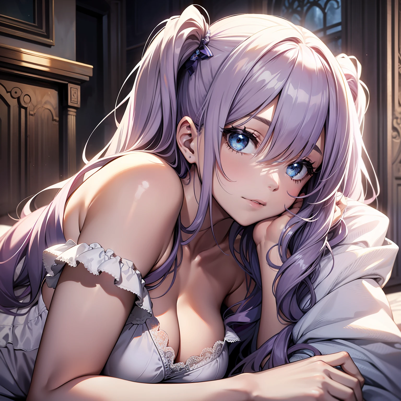 young girl, , twintails hair style, light purple hair, greek white dress, lying in a bed, blue eyes, sensual position, looking at viewer, in a white palace, 4k, detailed face, good anathomy