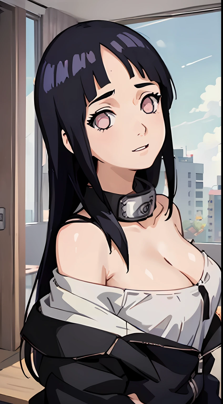 one-girl,little breast,cleavage,Off-the-shoulder attire,Bust photo,Naruto,Forehead,white clothes,looks into camera,sportrait,ssmile,schools,Classroom,比基尼,cute little,Black hair