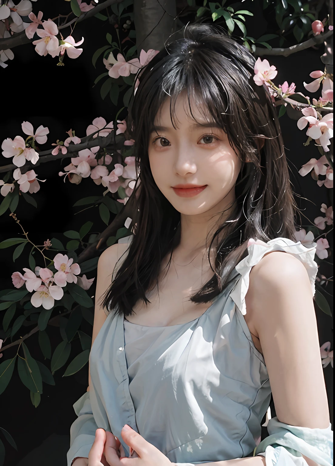 best qualtiy, 超高分辨率, (realisticlying:1.4), one-girl, A pair of clear and moving peach blossom eyes,Royal Sister,(full bodyesbian:1.2)a sense of atmosphere,a beauty girl,Small sling, ssmile,(brassier:1.2)(huge tit:1.2), looking at viewert, closeup cleavage ,Peach Blossom Forest,